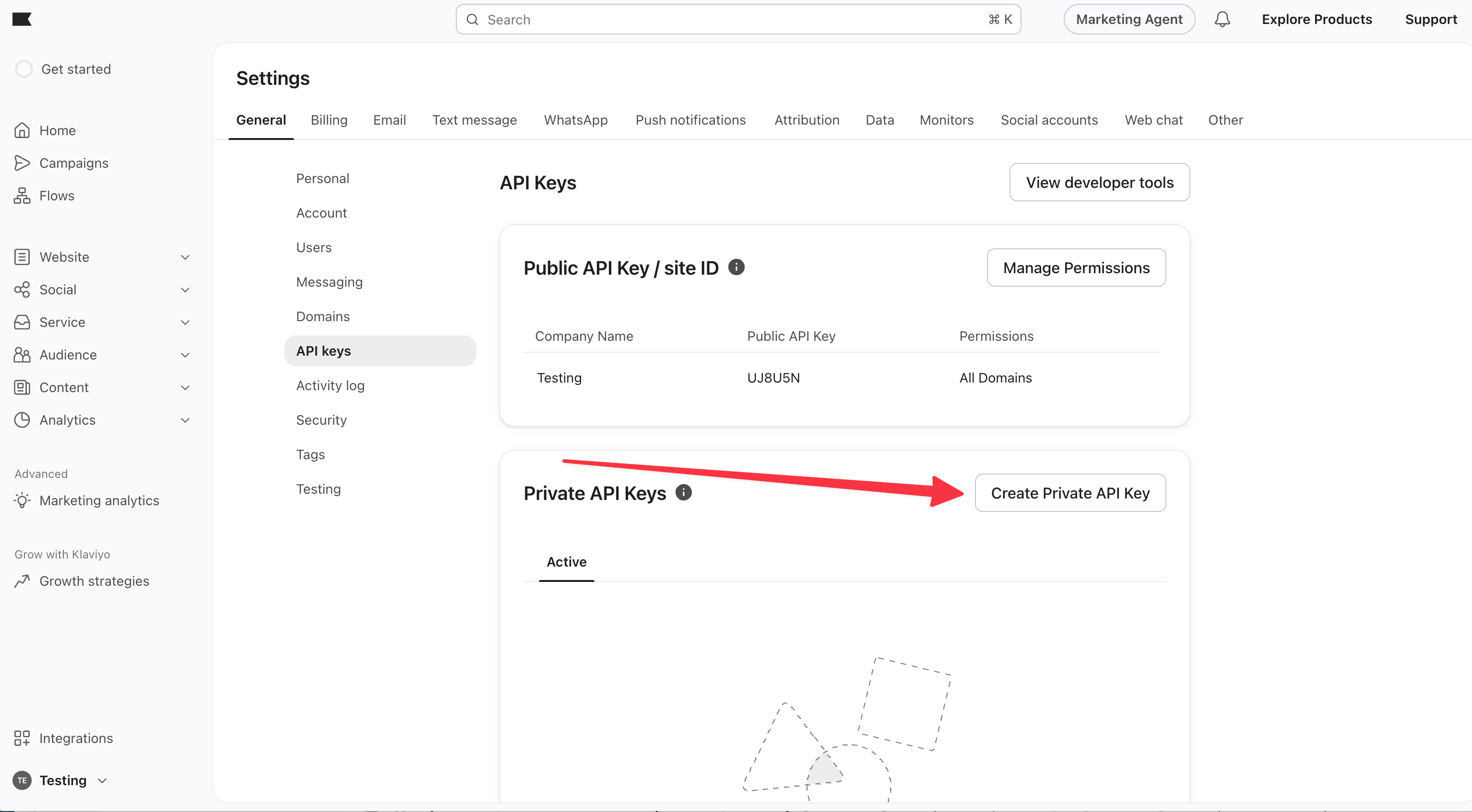 The Create Private API Key button on the API keys page