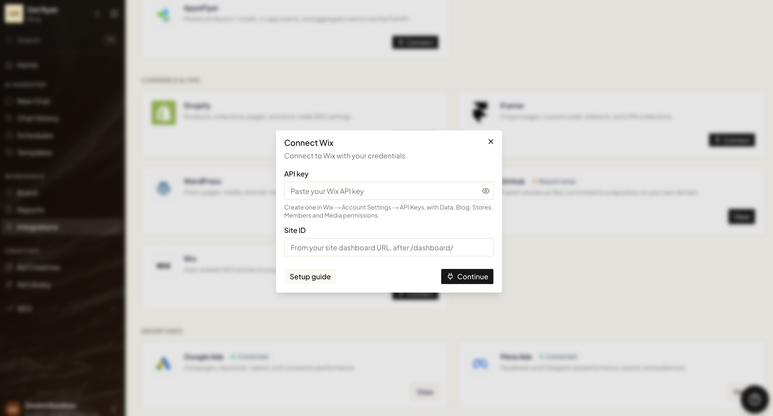 The Connect Wix dialog in Ryze, asking for an API key and Site ID