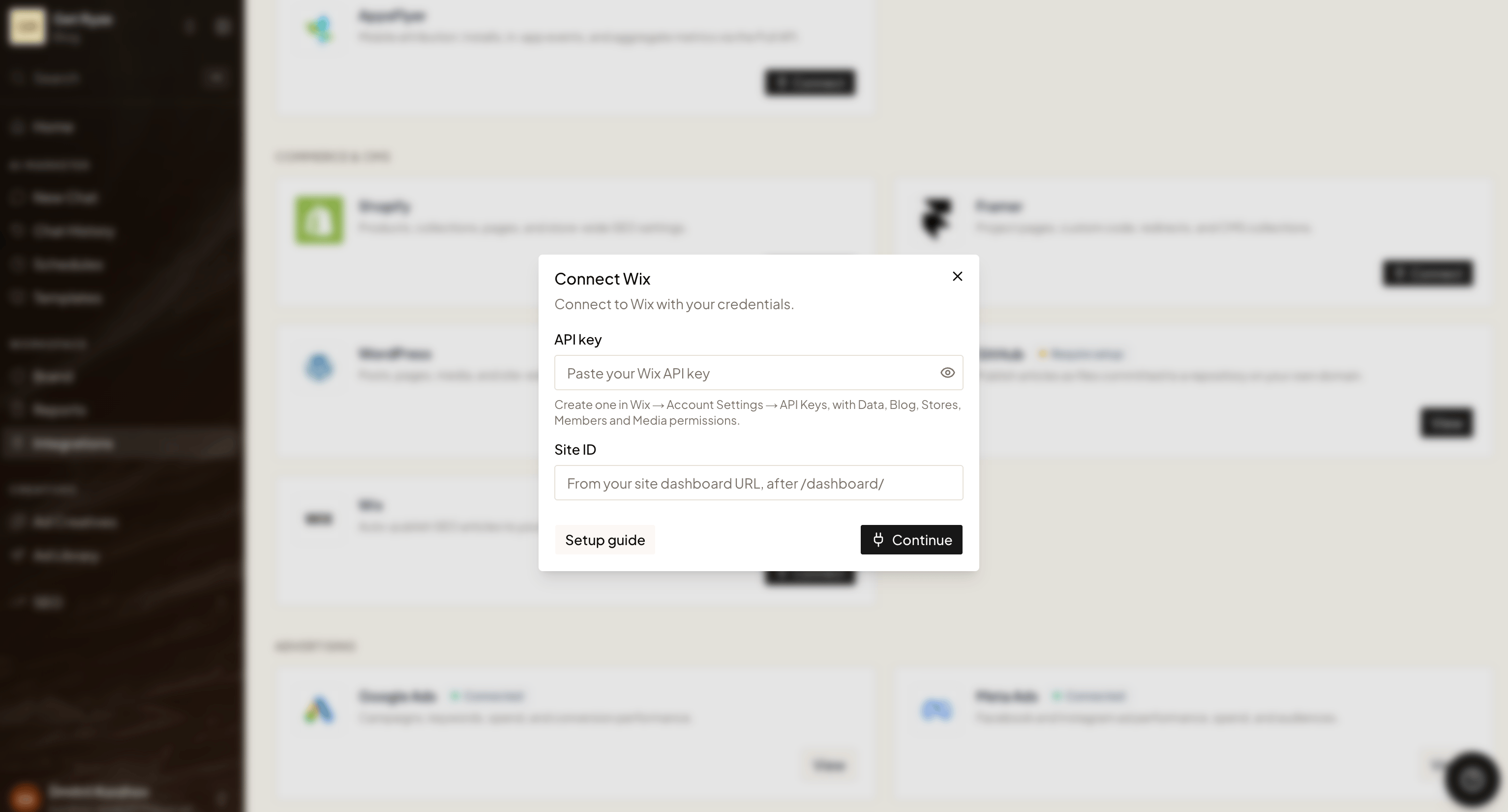 The Connect Wix dialog in Ryze, asking for an API key and Site ID