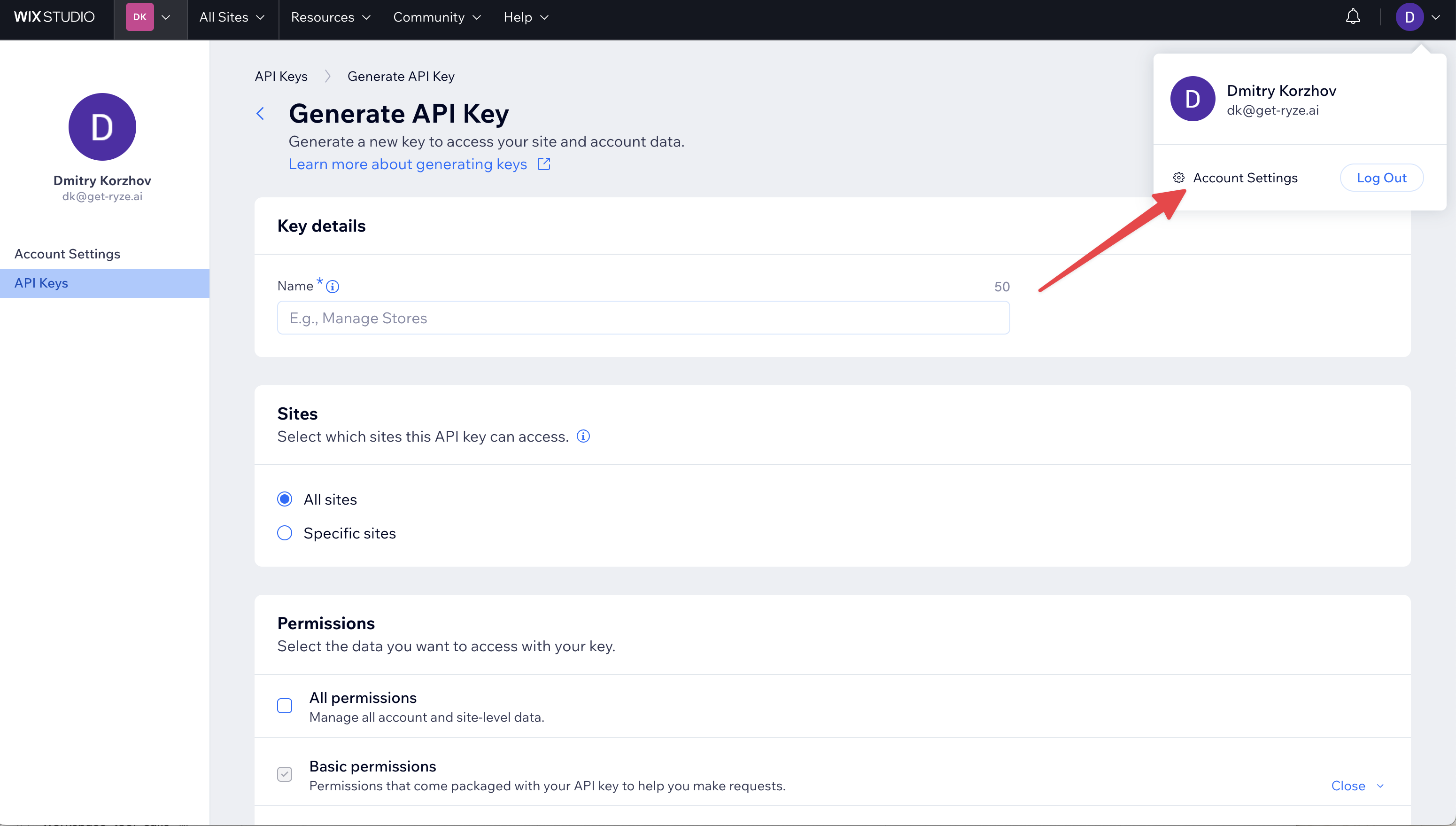 Opening Account Settings from the Wix profile menu