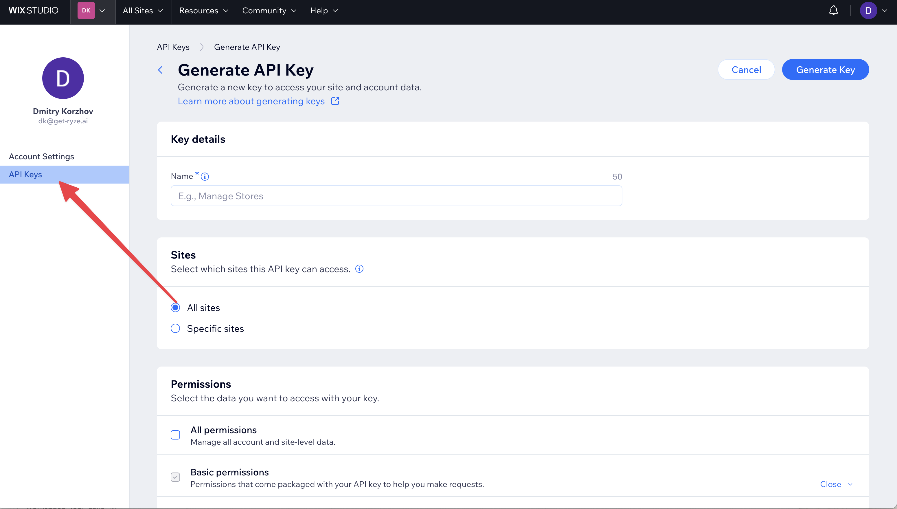 The Generate API Key page with API Keys selected in the sidebar