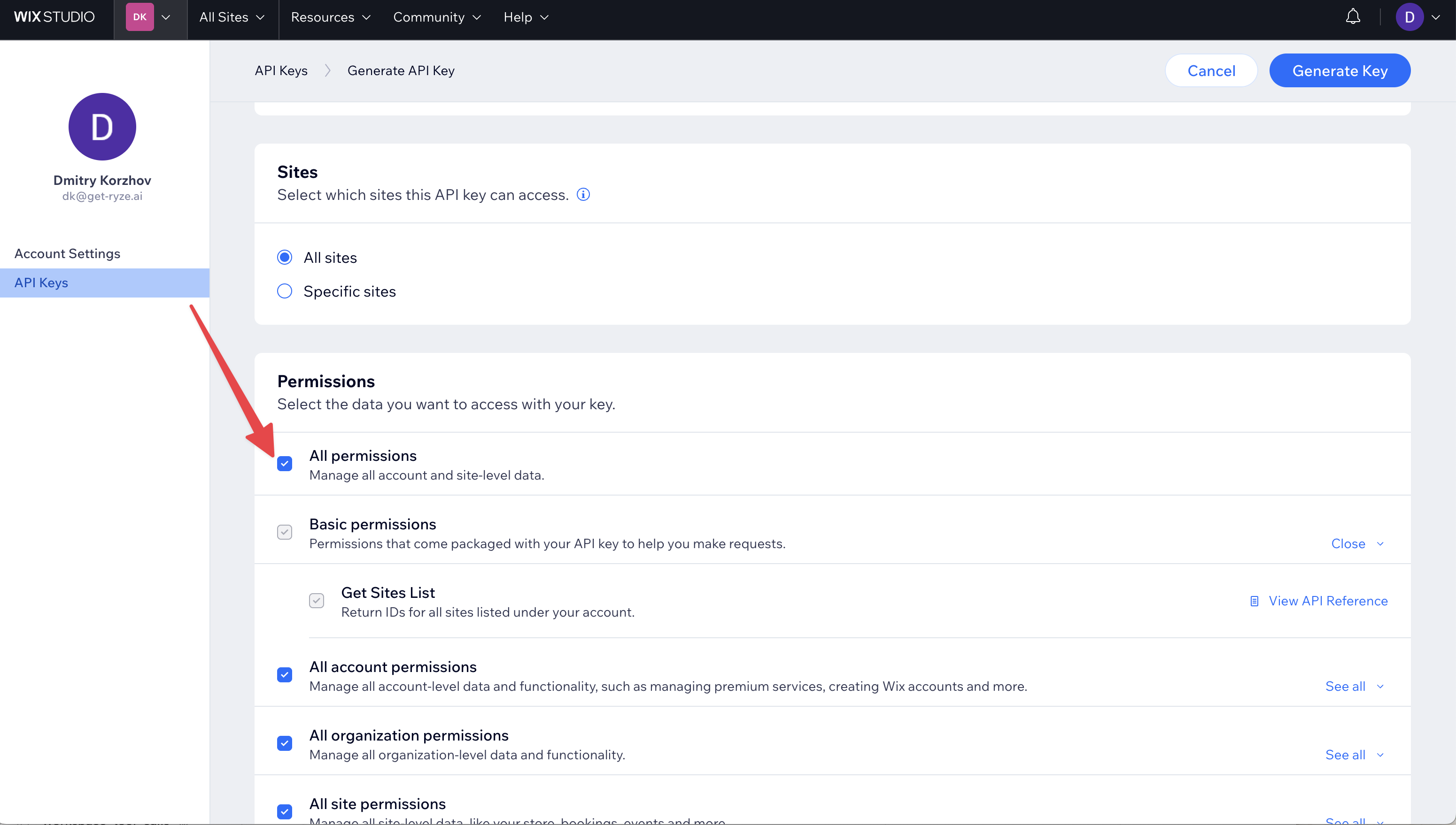Selecting All permissions for the API key