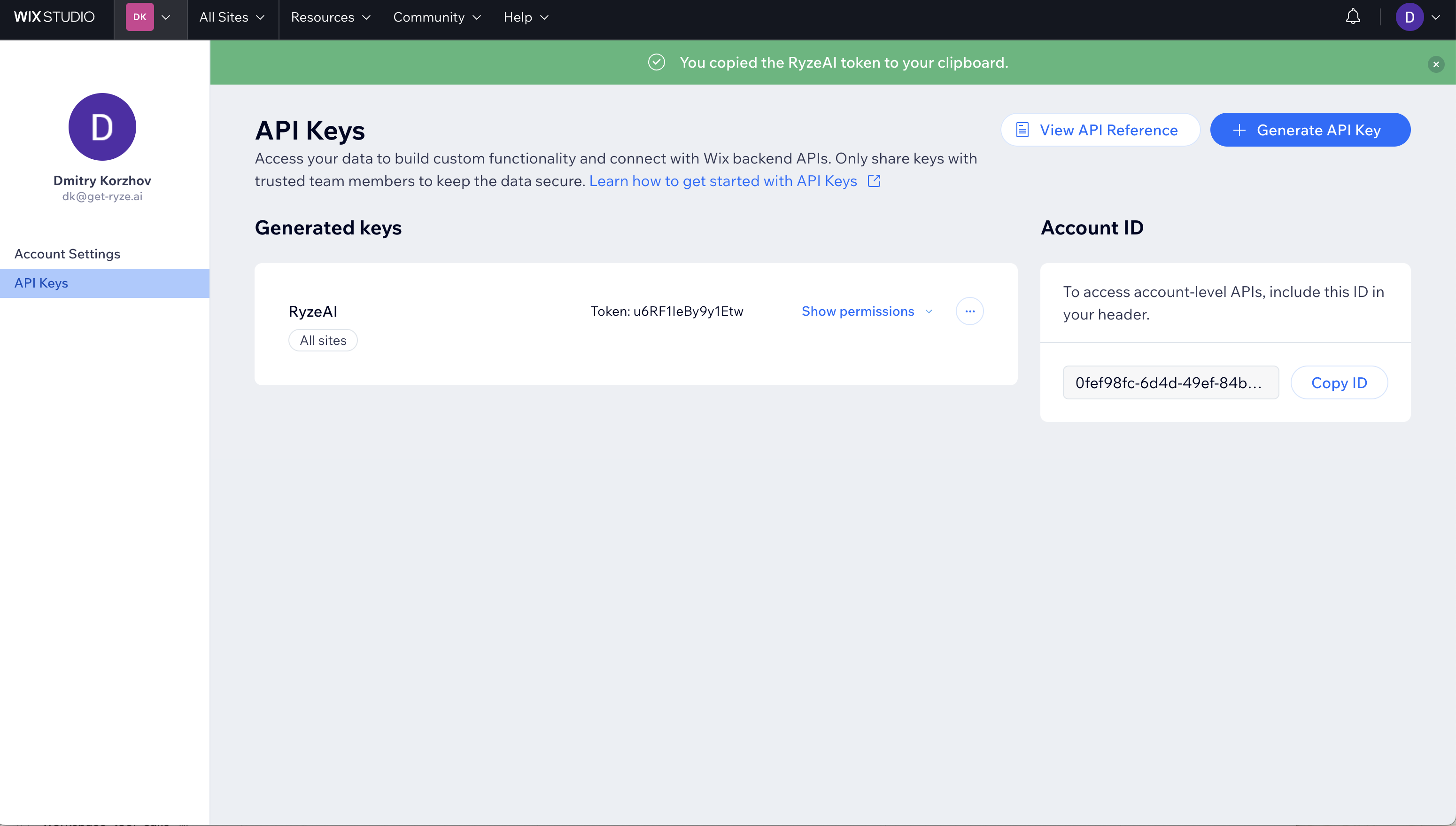 The generated API key, copied to clipboard
