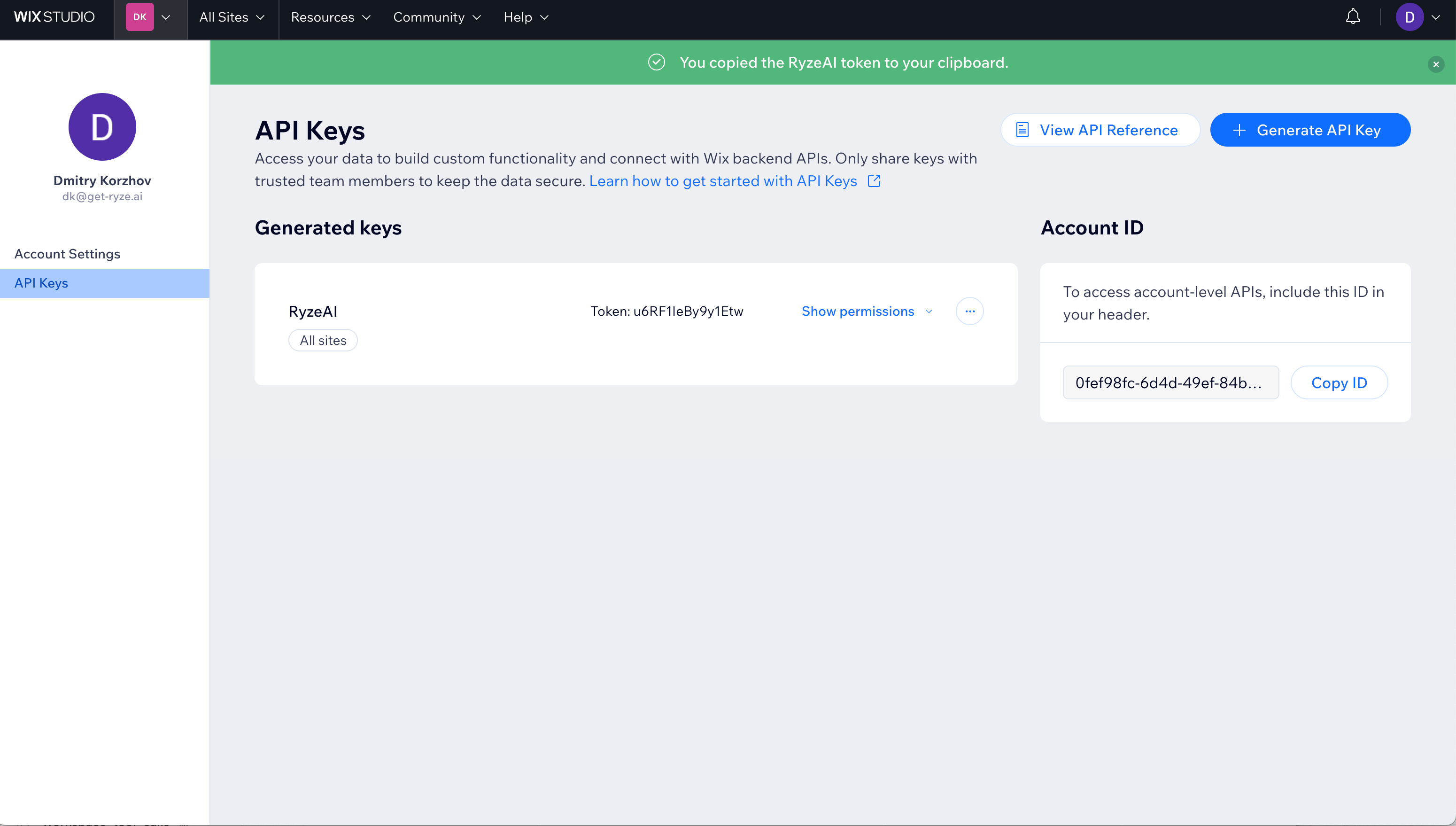 The generated API key, copied to clipboard