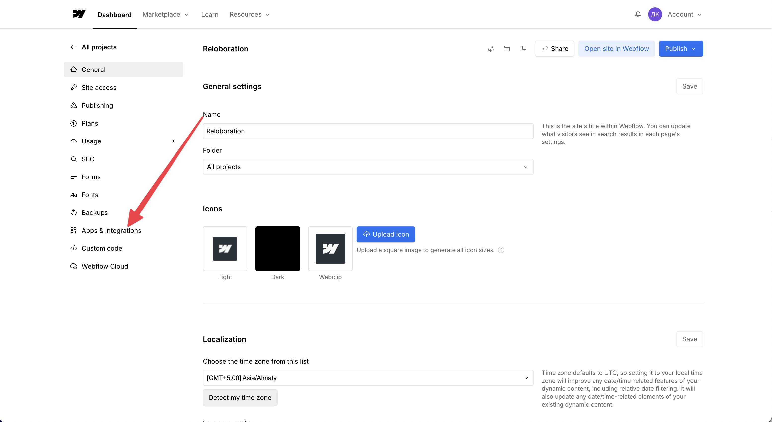 The Apps & Integrations item in Webflow site settings