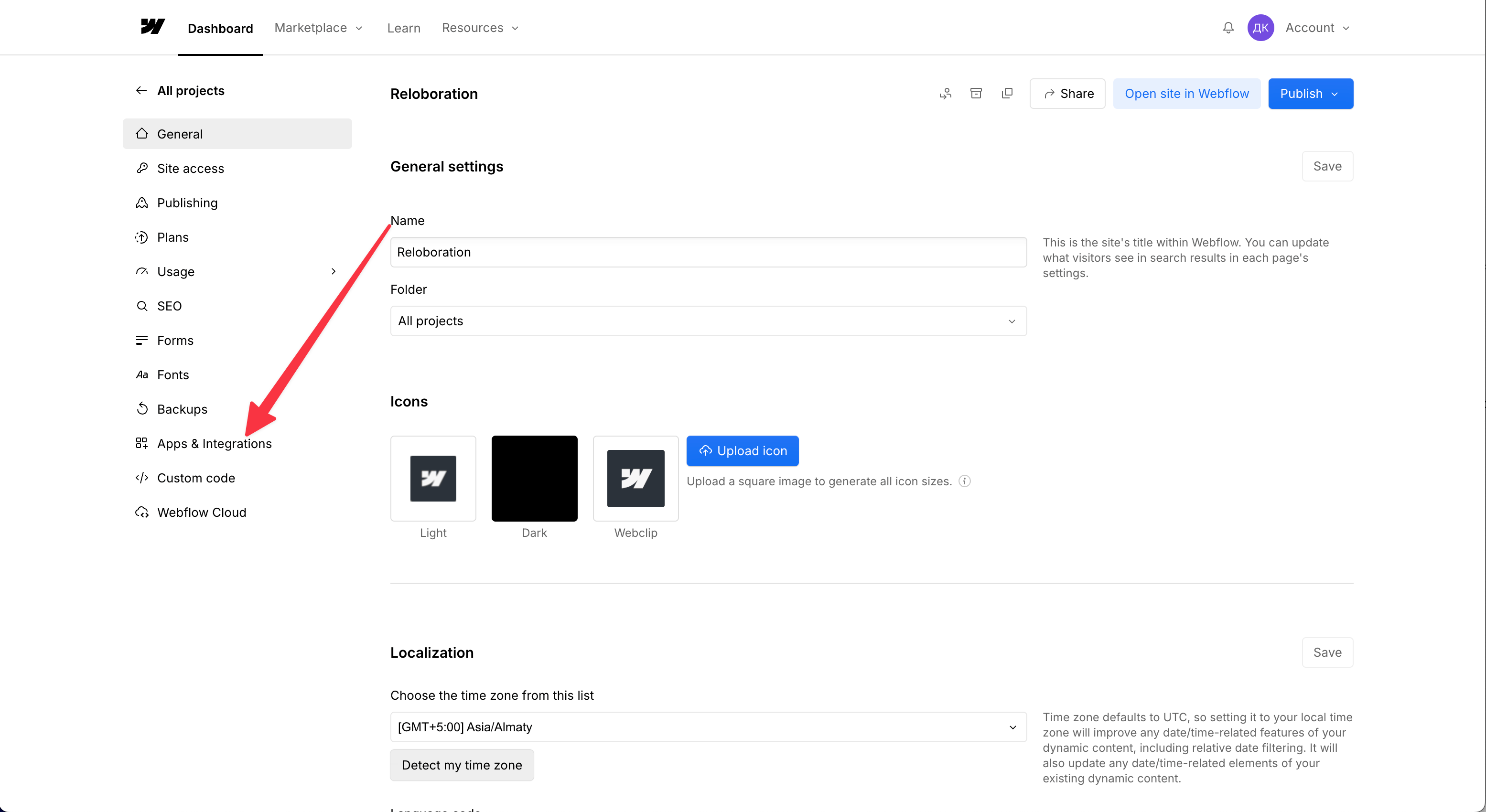 The Apps & Integrations item in Webflow site settings