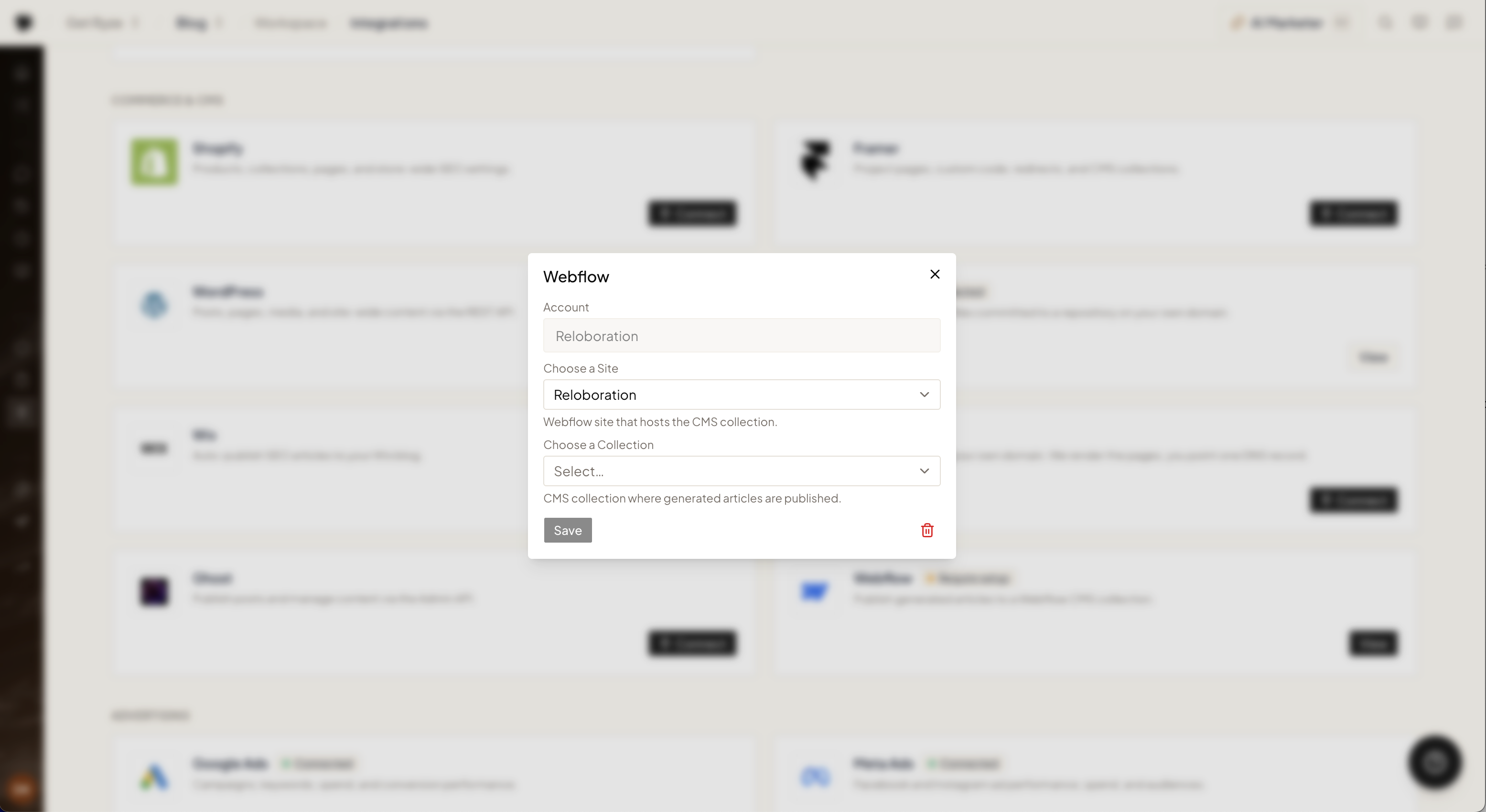 Choosing the Webflow site and CMS collection