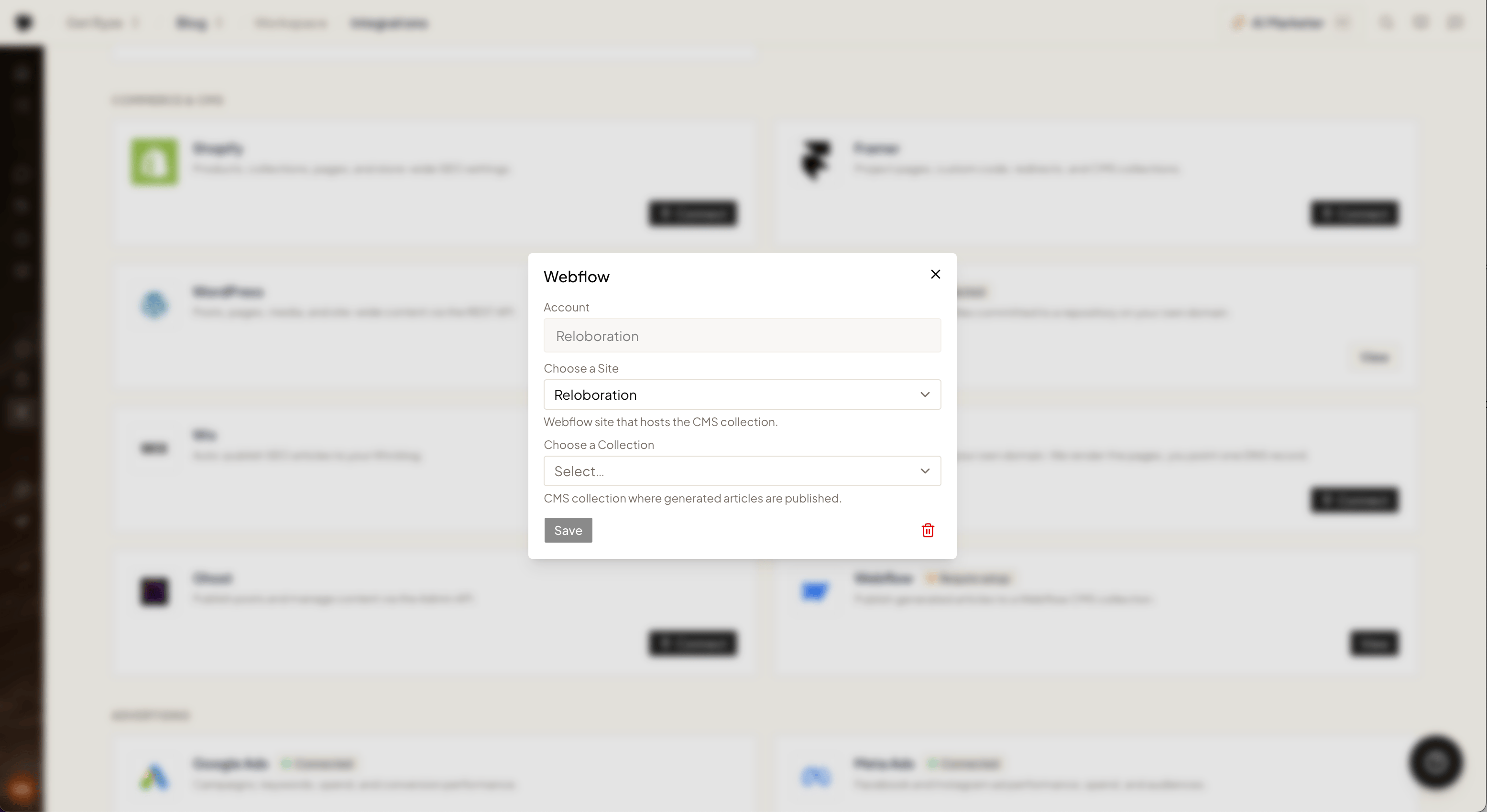 Choosing the Webflow site and CMS collection