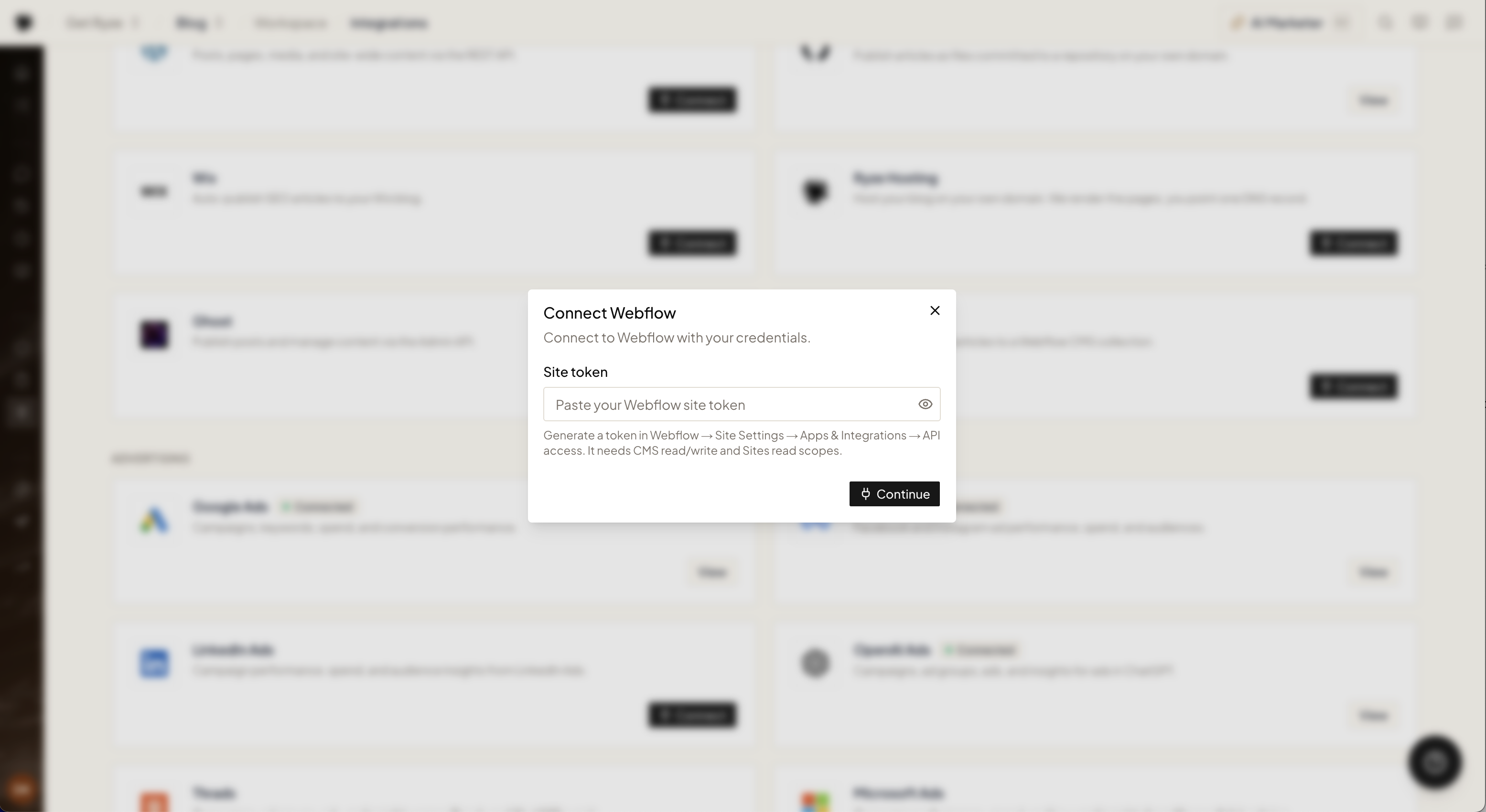 The Connect Webflow dialog with the site token field