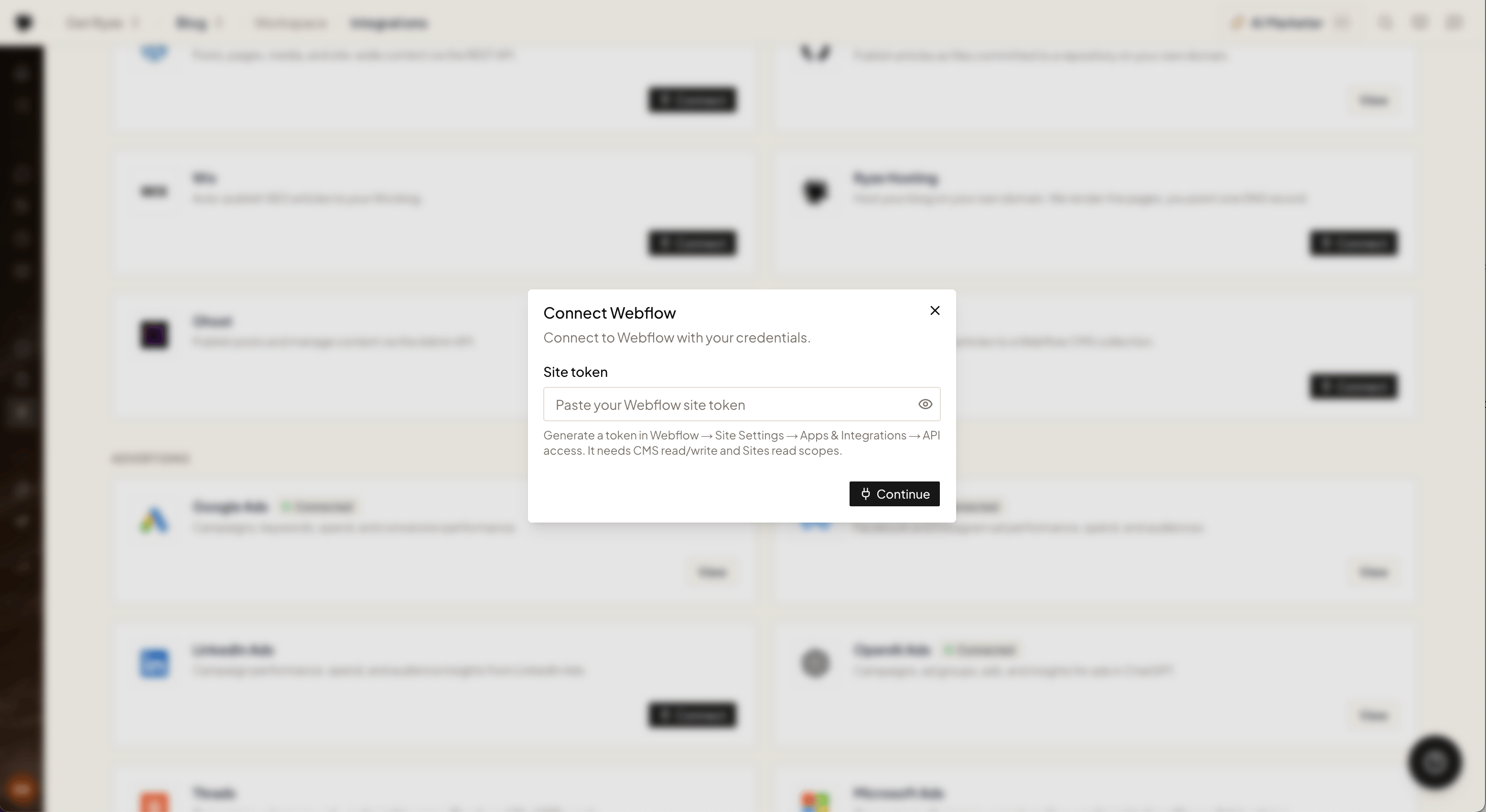 The Connect Webflow dialog with the site token field