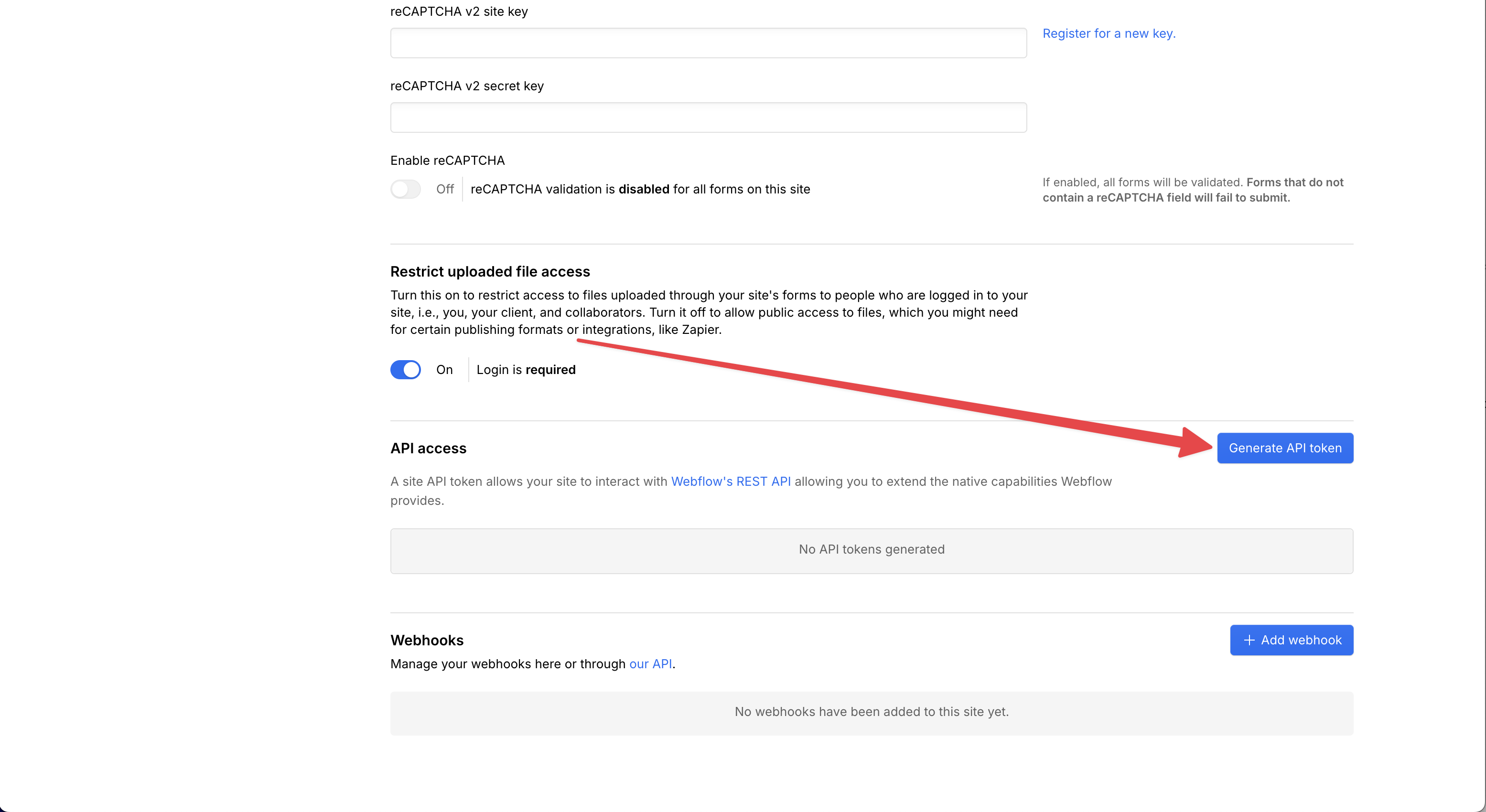 The Generate API token button under API access