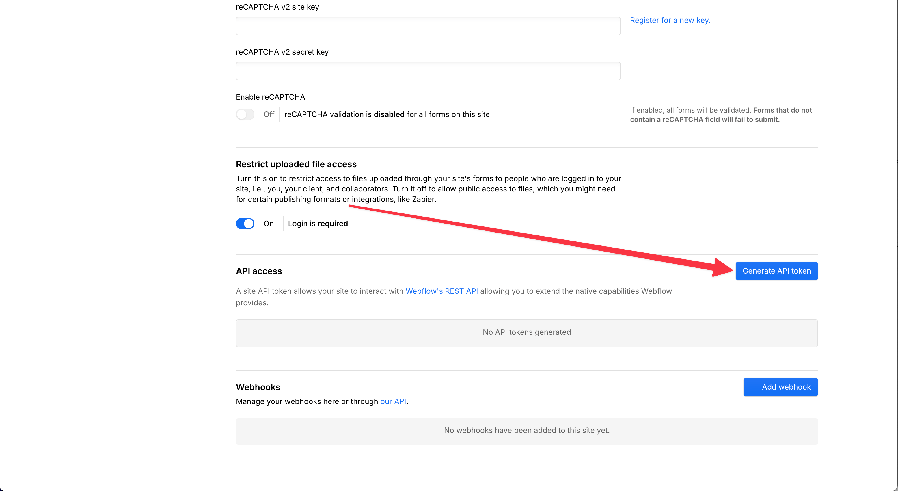 The Generate API token button under API access