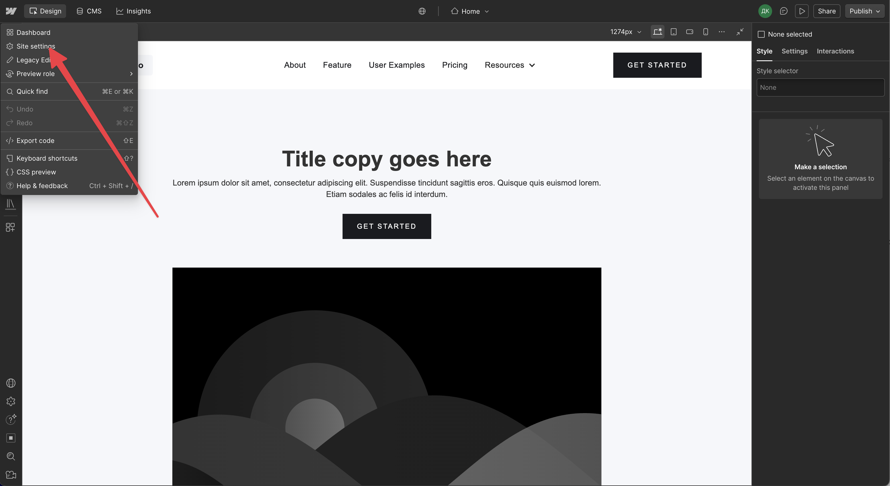 Opening Site settings from the Webflow Designer menu