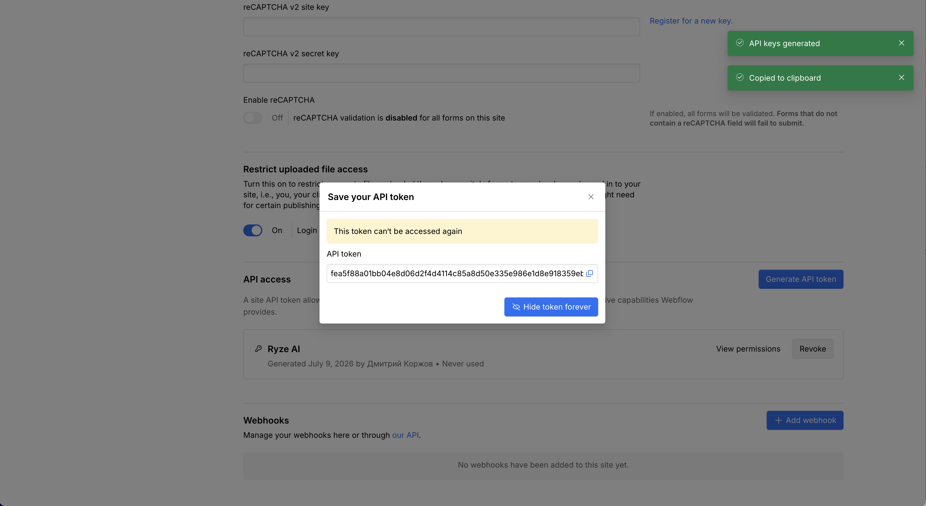 The generated token shown once in Webflow