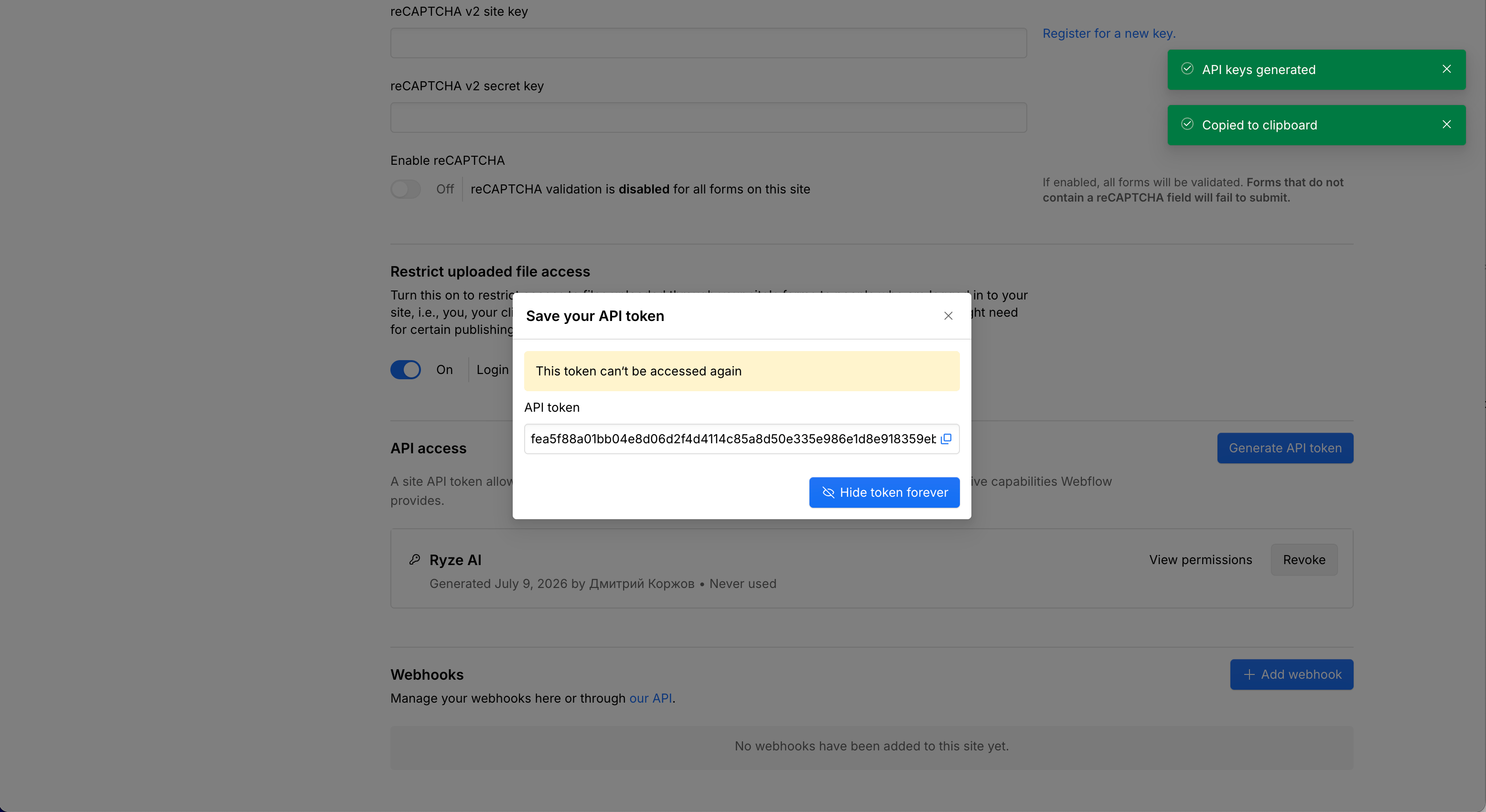 The generated token shown once in Webflow
