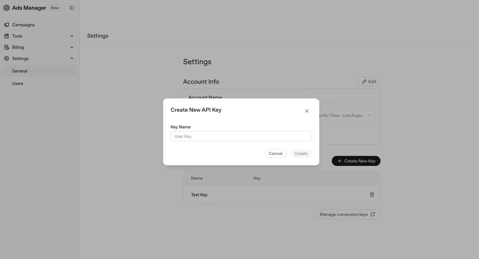 Create a new API key in OpenAI Ads