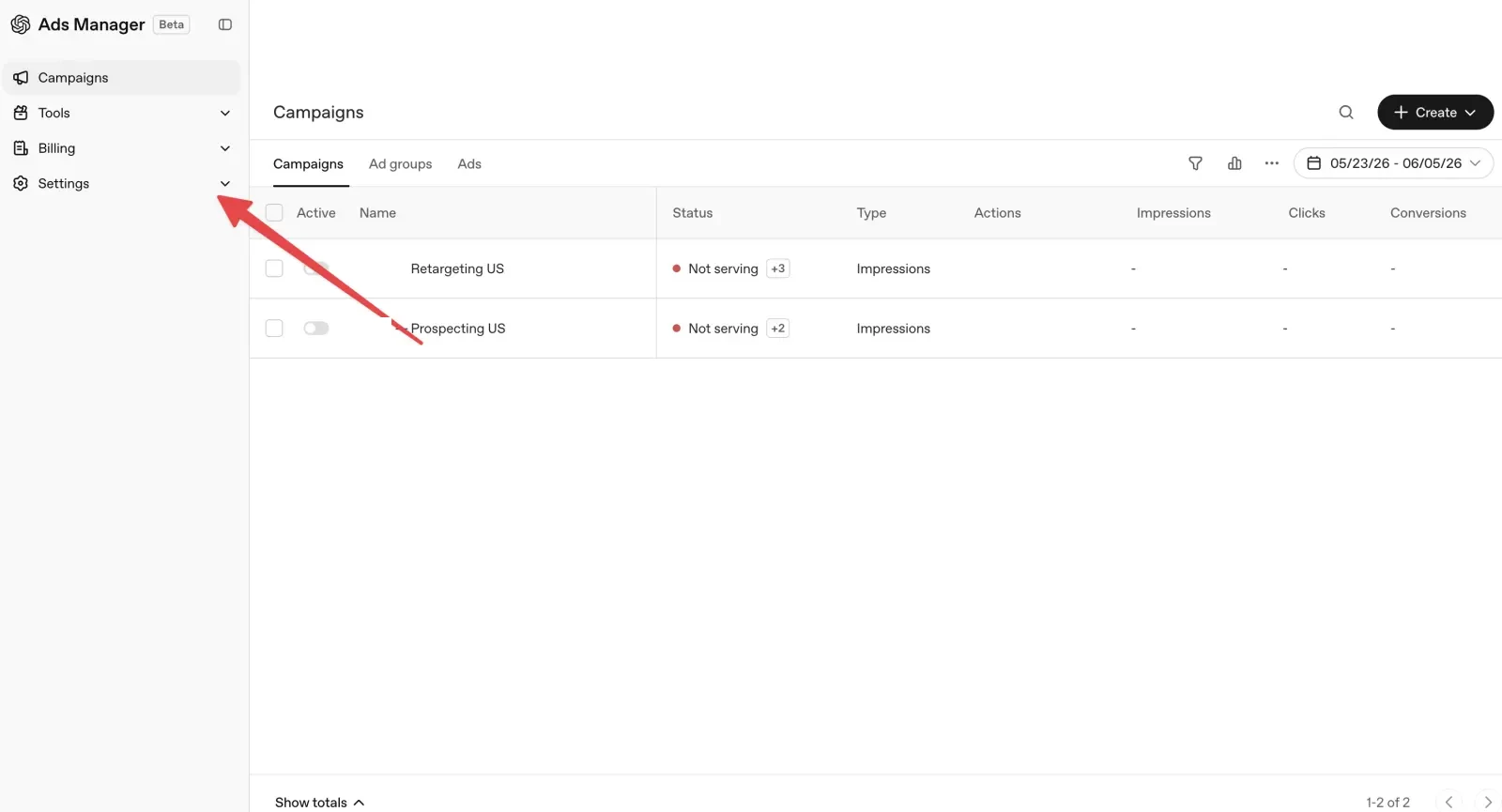 Navigate to Settings in OpenAI Ads Manager