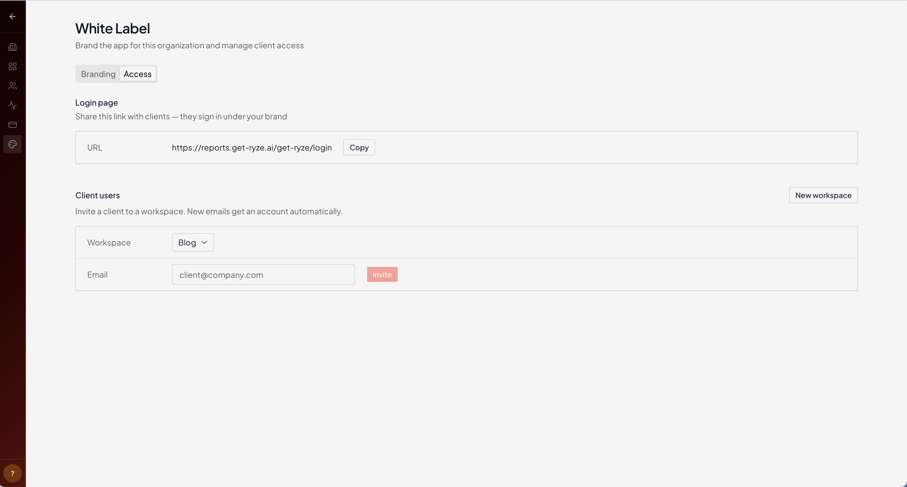 The White Label Access tab with the login URL and client invite