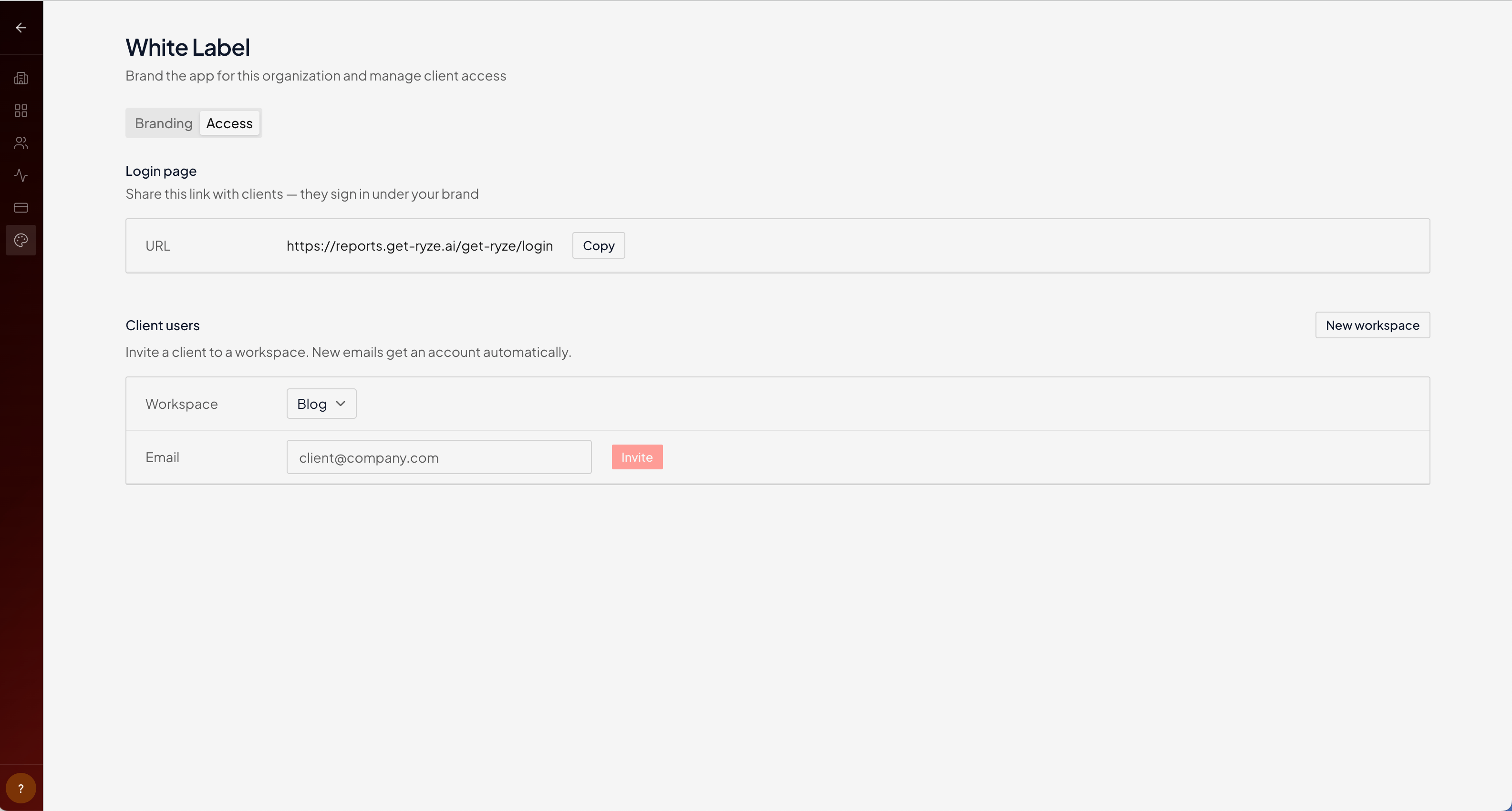 The White Label Access tab with the login URL and client invite
