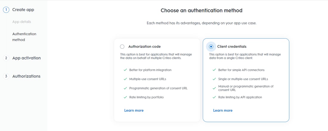 The authentication method step with the Client credentials option selected
