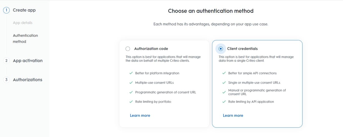 The authentication method step with the Client credentials option selected