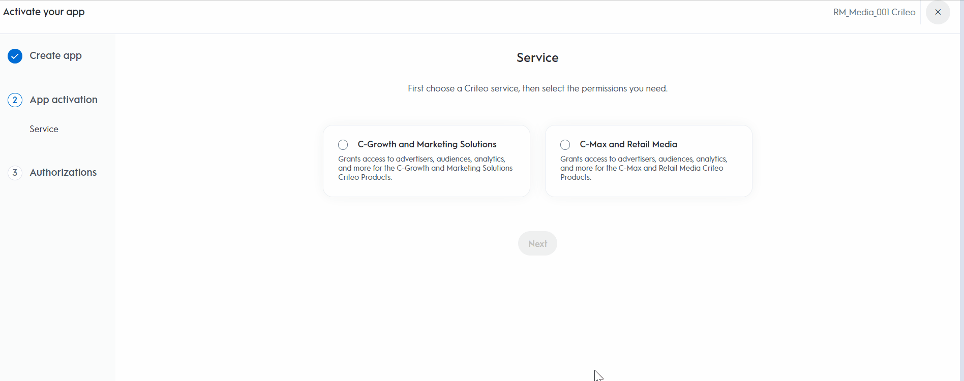 Choosing the C-Growth and Marketing Solutions service while activating an app in the Criteo Developer Portal