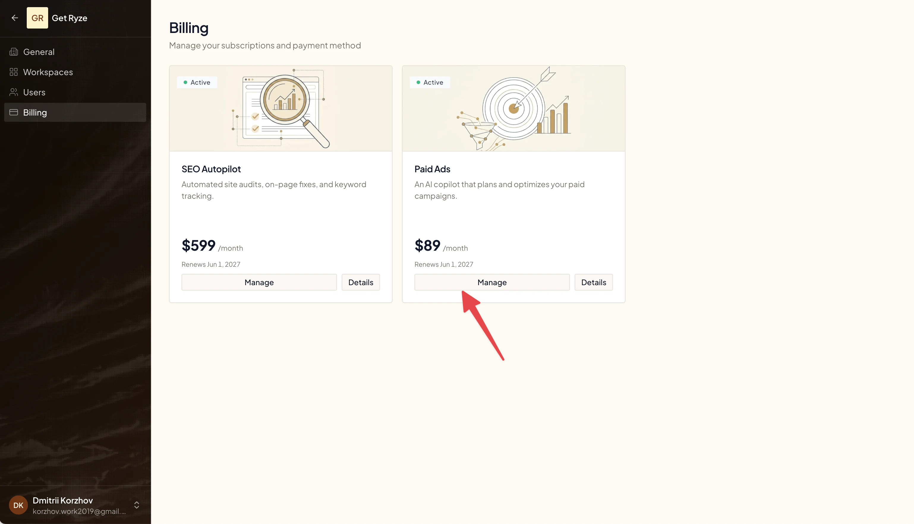 The Billing page with Manage buttons