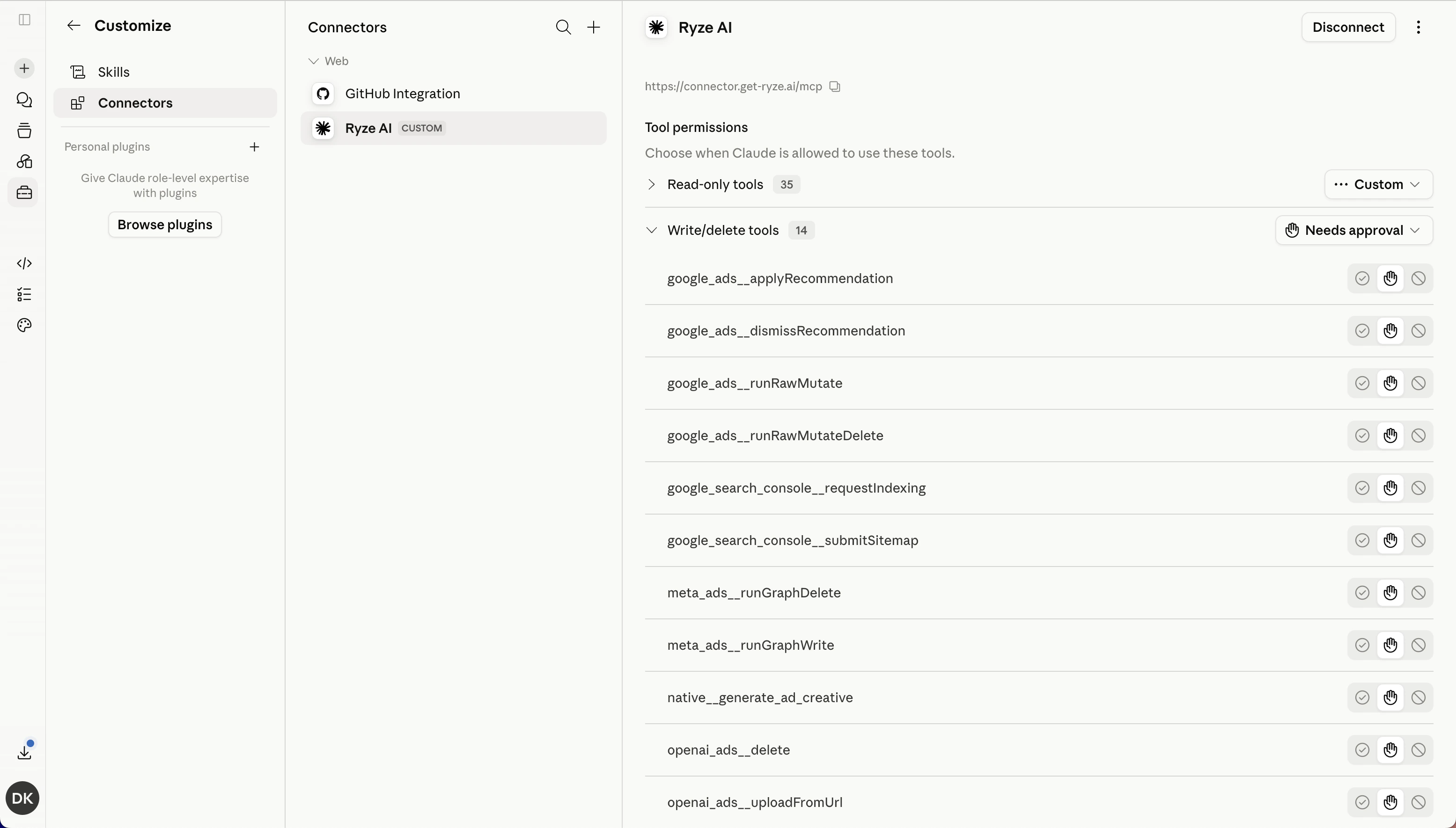 Ryze tool permissions in Claude, split into read-only and write/delete tools