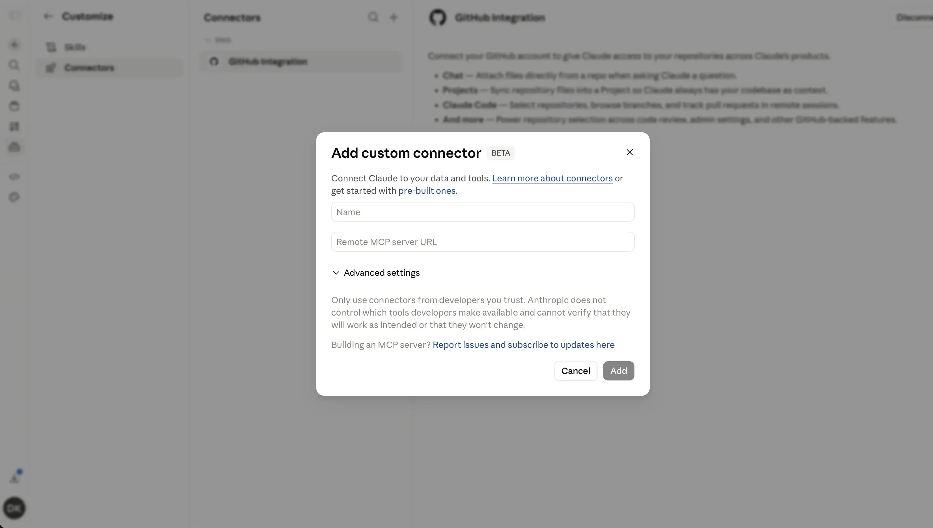 The empty connector modal