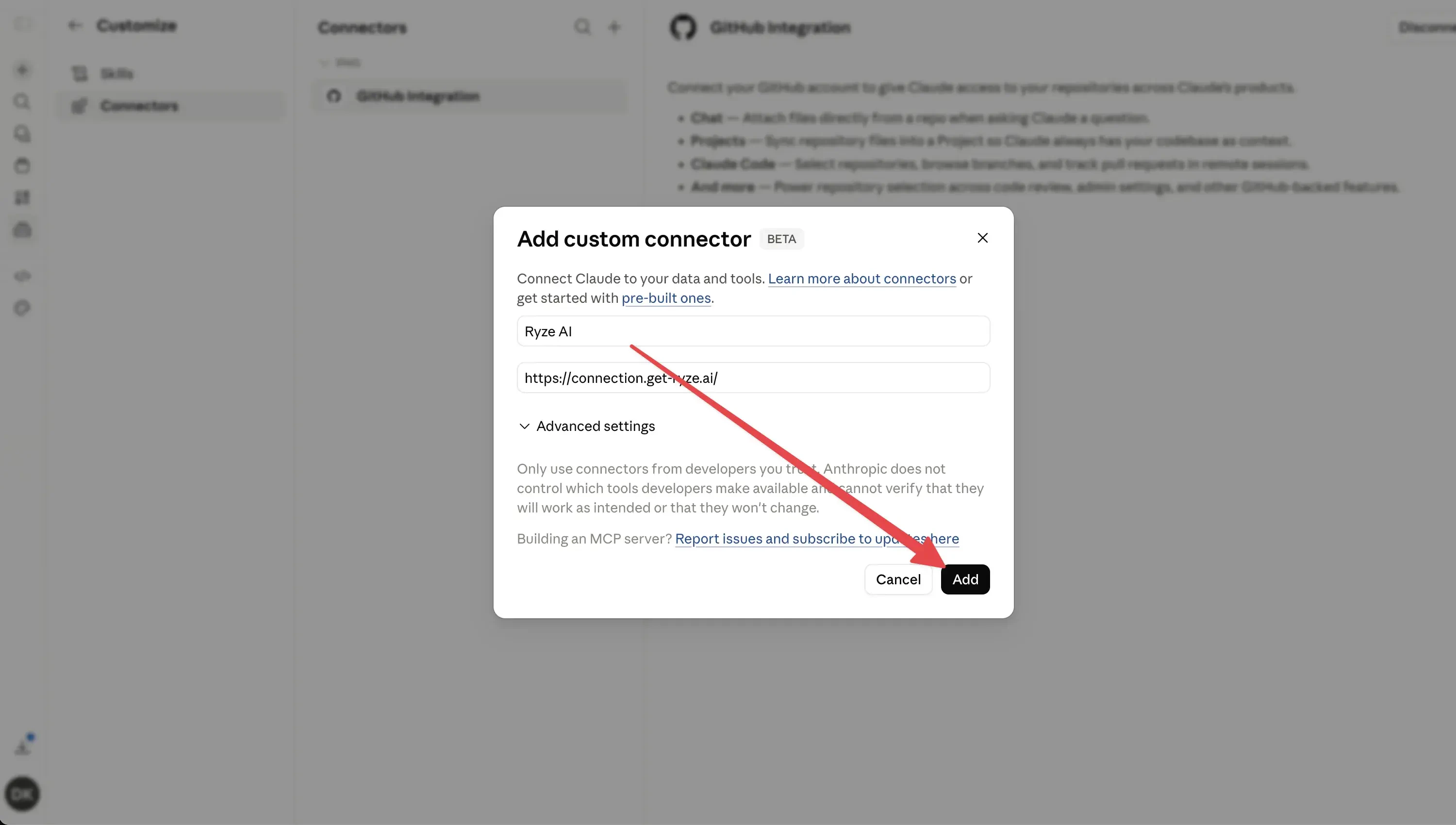 Connector modal filled in