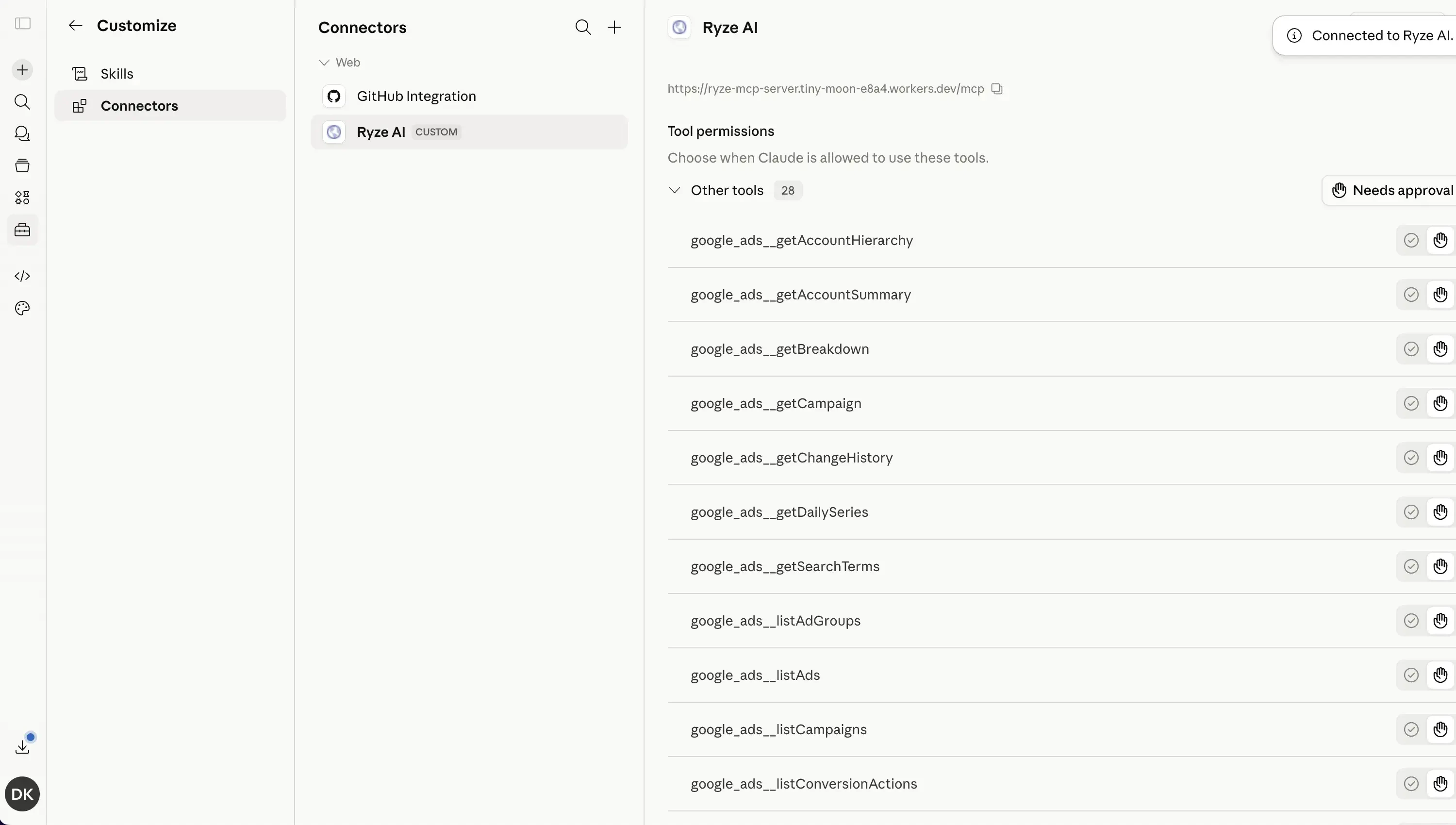 Connected, with the full tool list