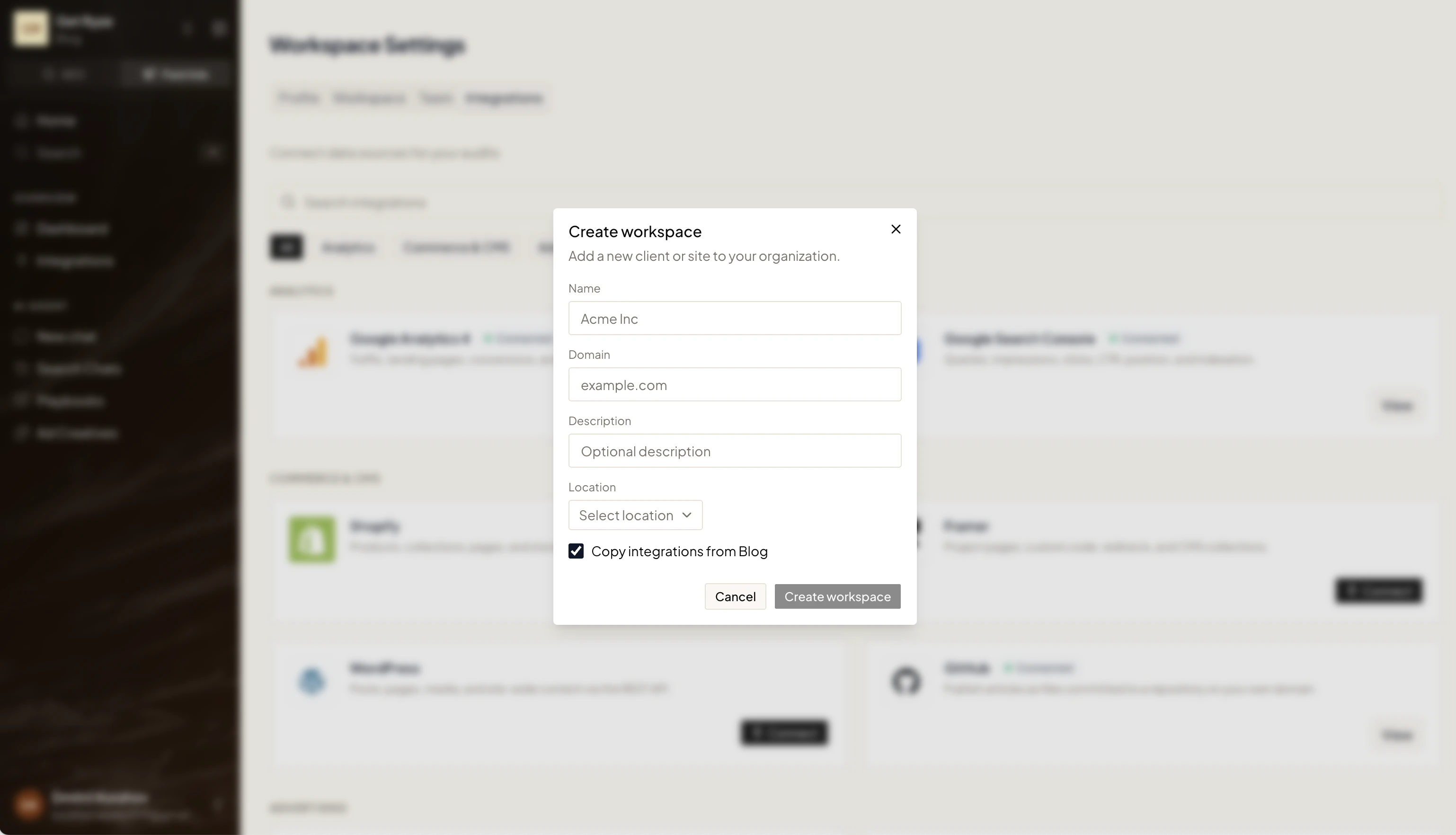 The Create workspace dialog