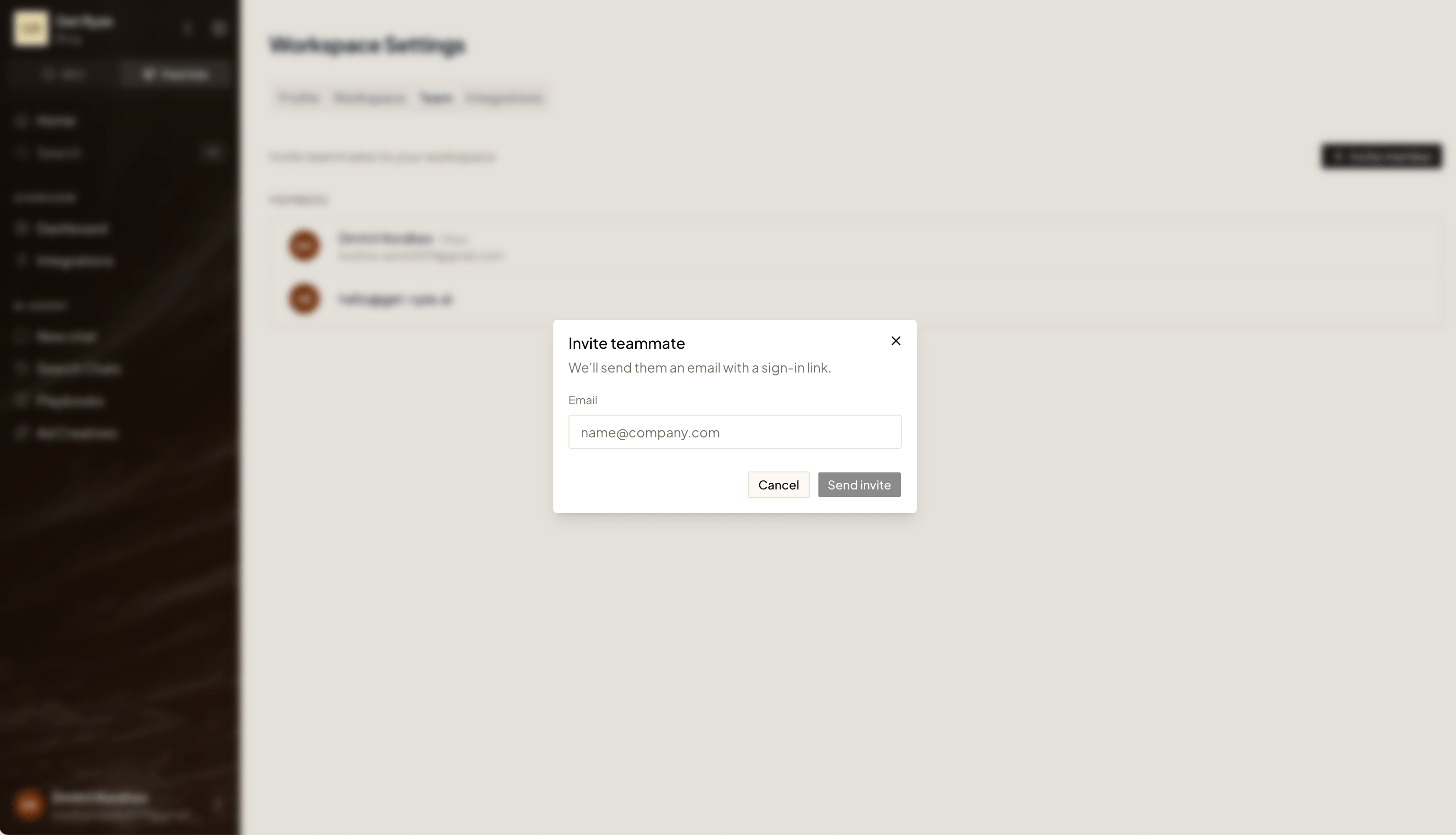 The Invite teammate dialog