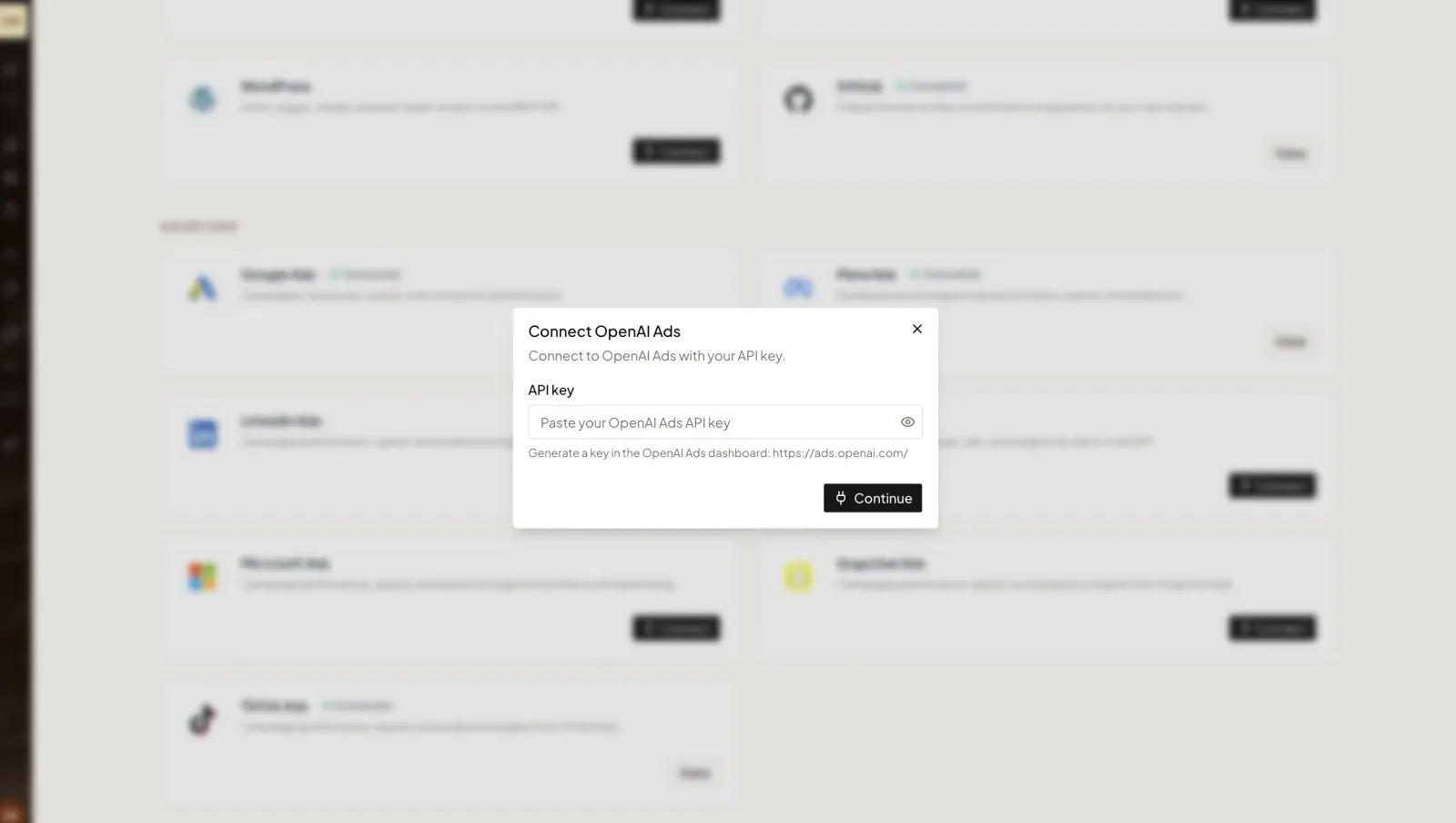 The Connect OpenAI Ads dialog in Ryze