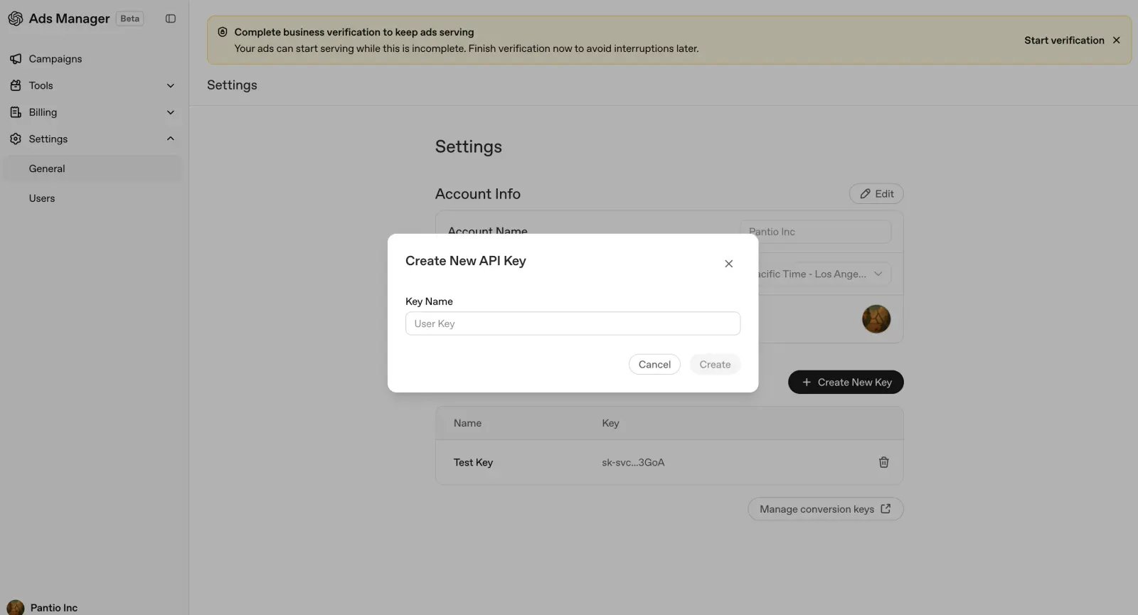 Create a new API key in OpenAI Ads
