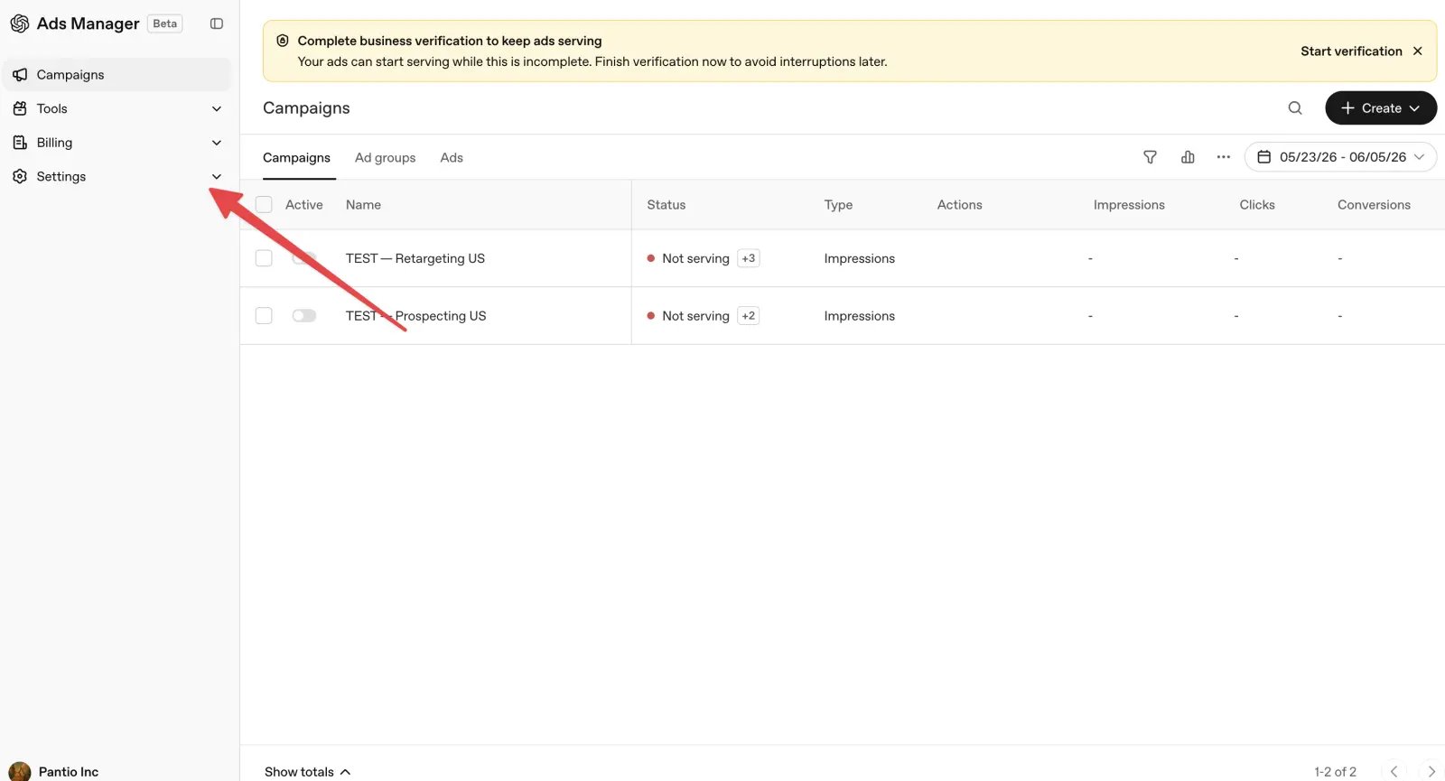 Navigate to Settings in OpenAI Ads Manager