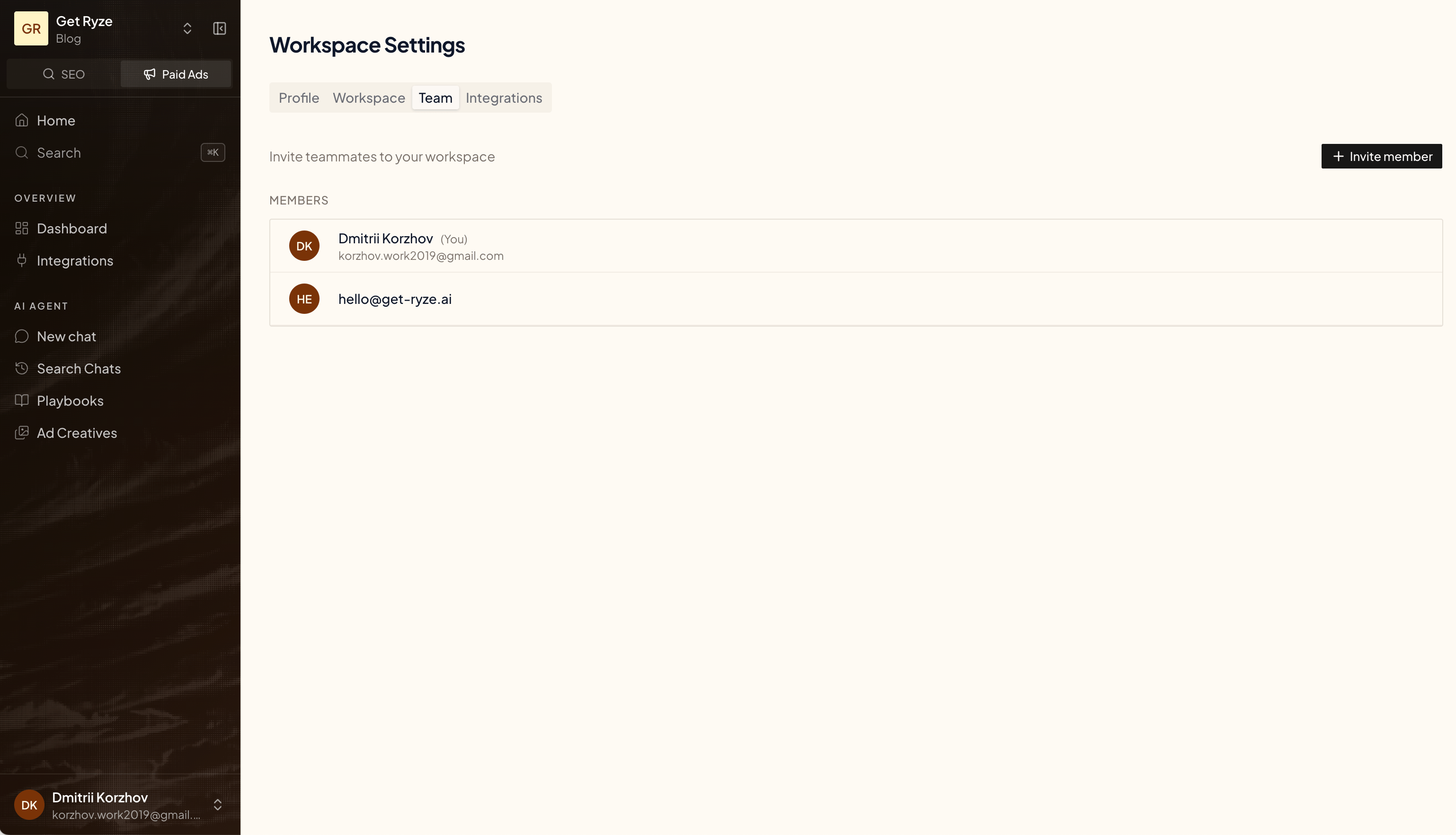 The Team tab in Workspace Settings
