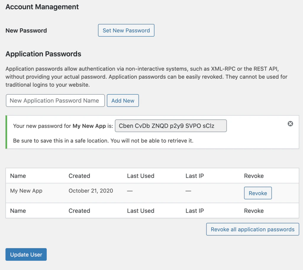 The Application Passwords section in WordPress