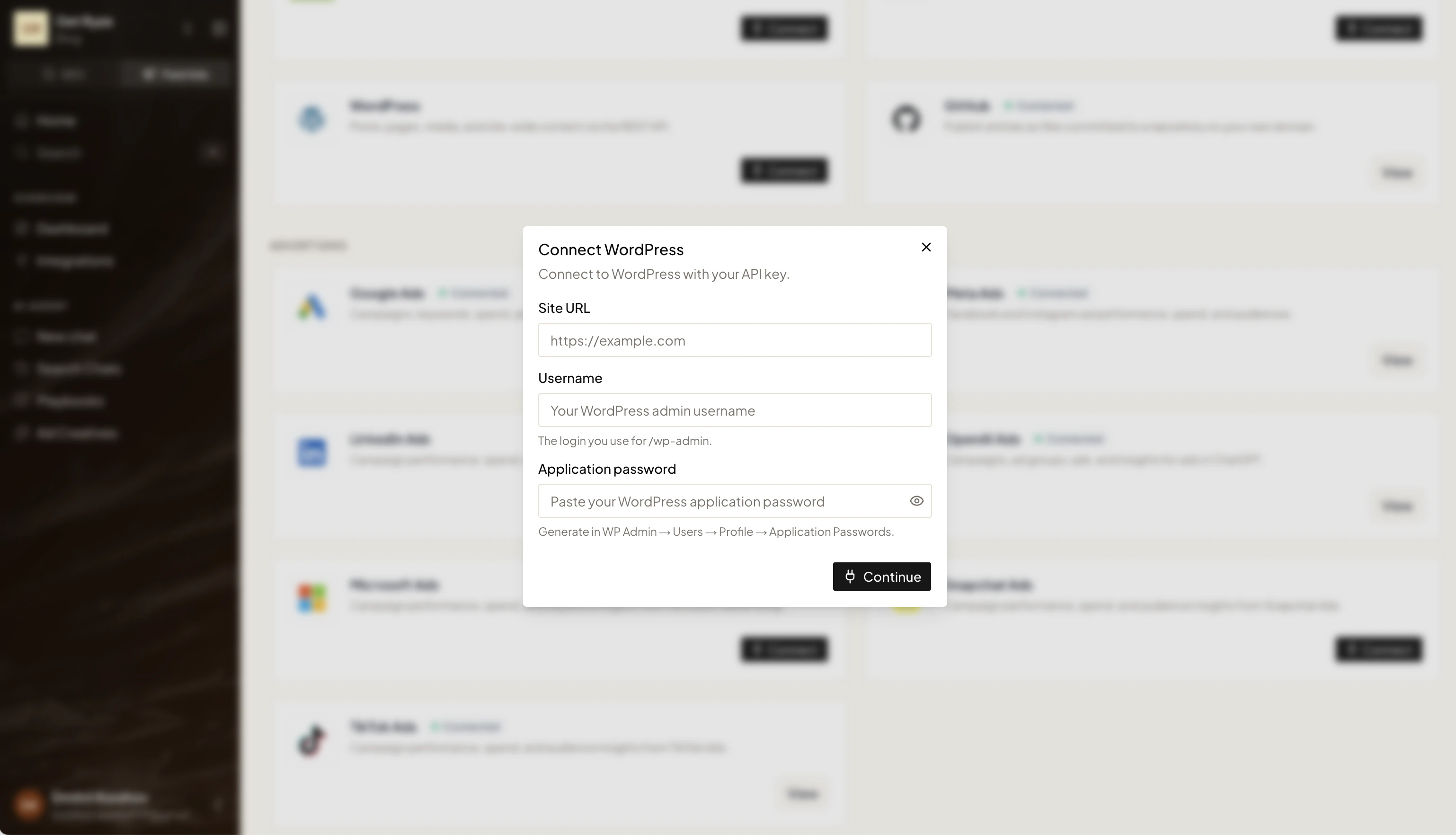 The Connect WordPress dialog in Ryze