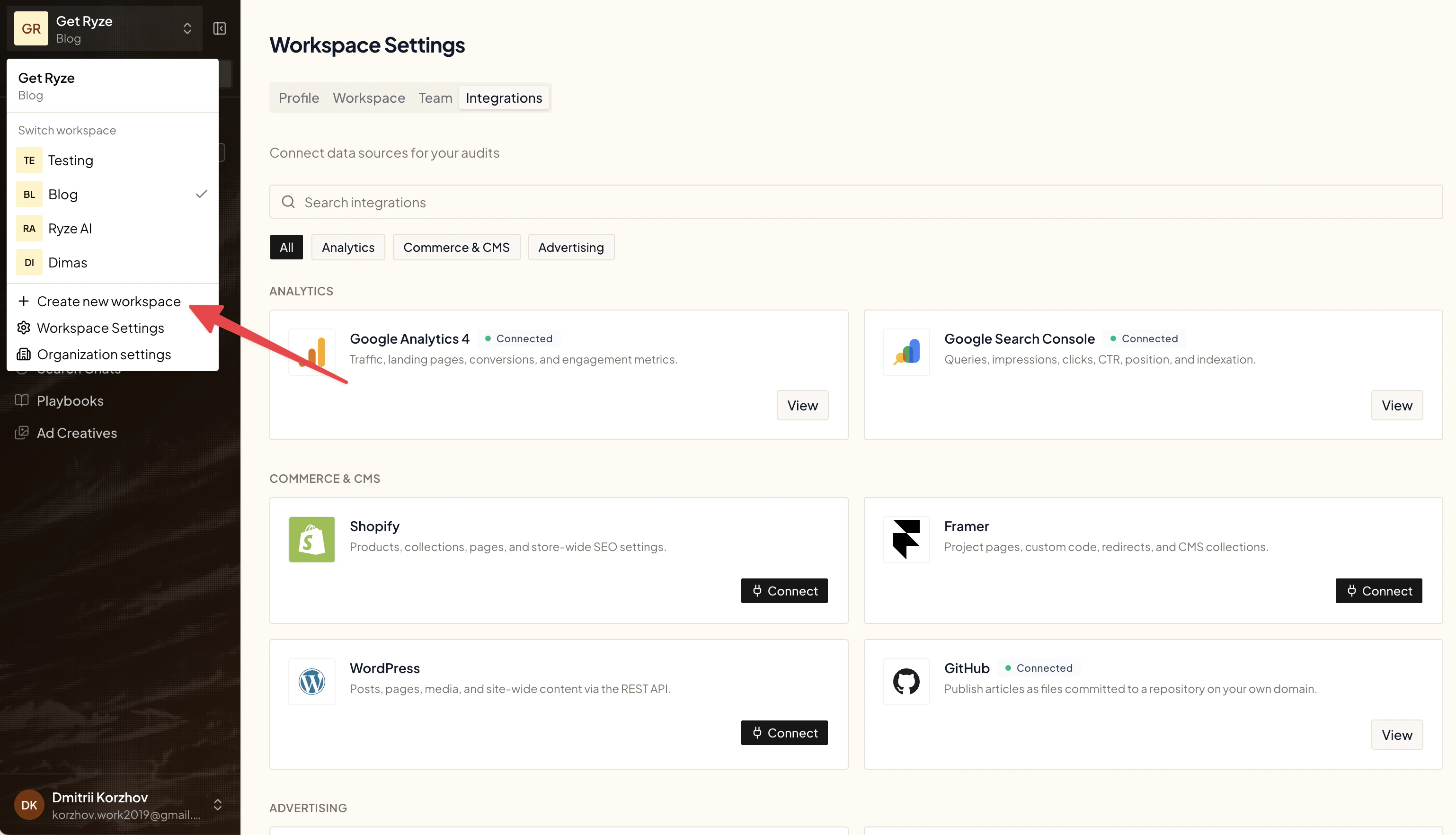 Create new workspace from the switcher