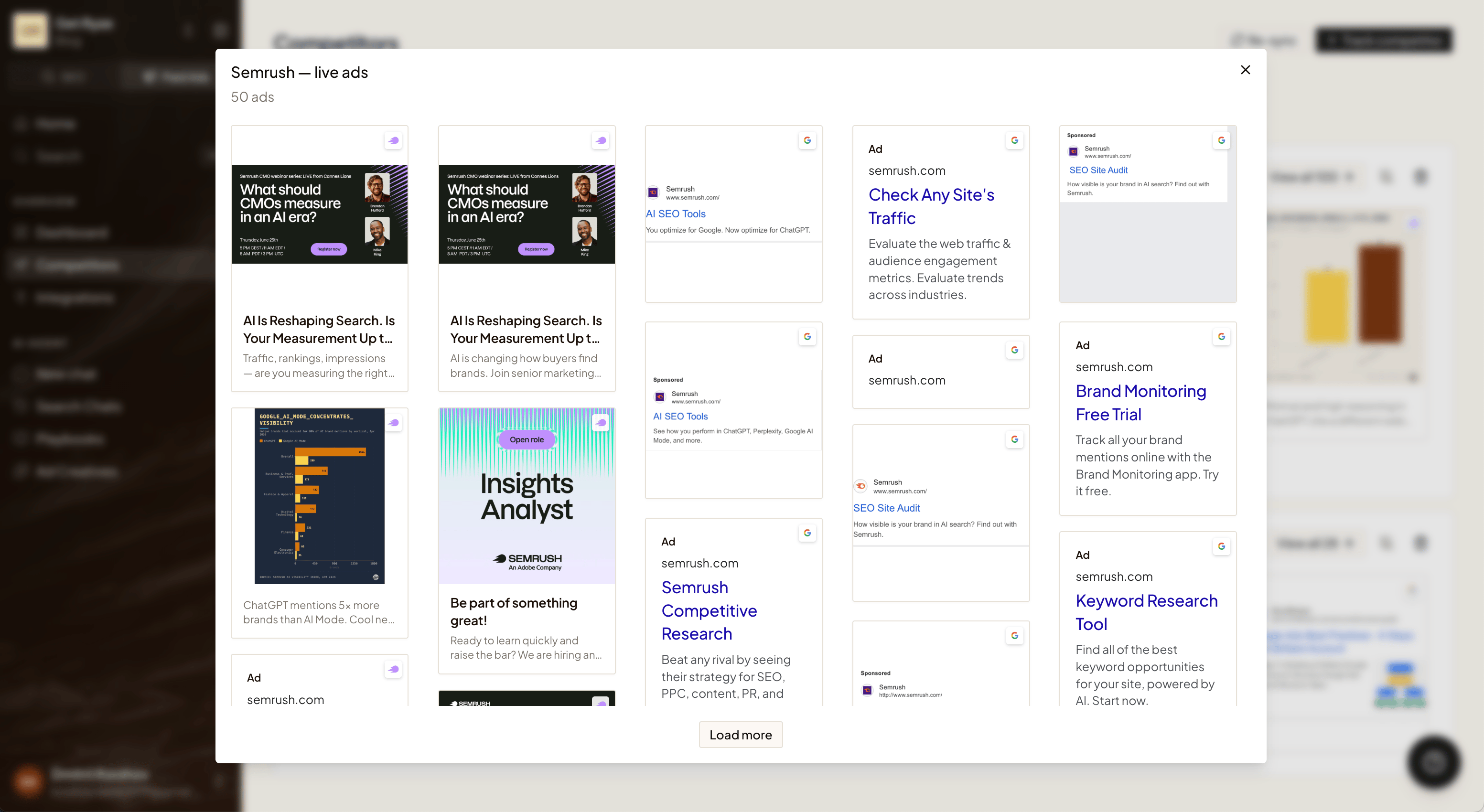 The full gallery of a competitor's live ads