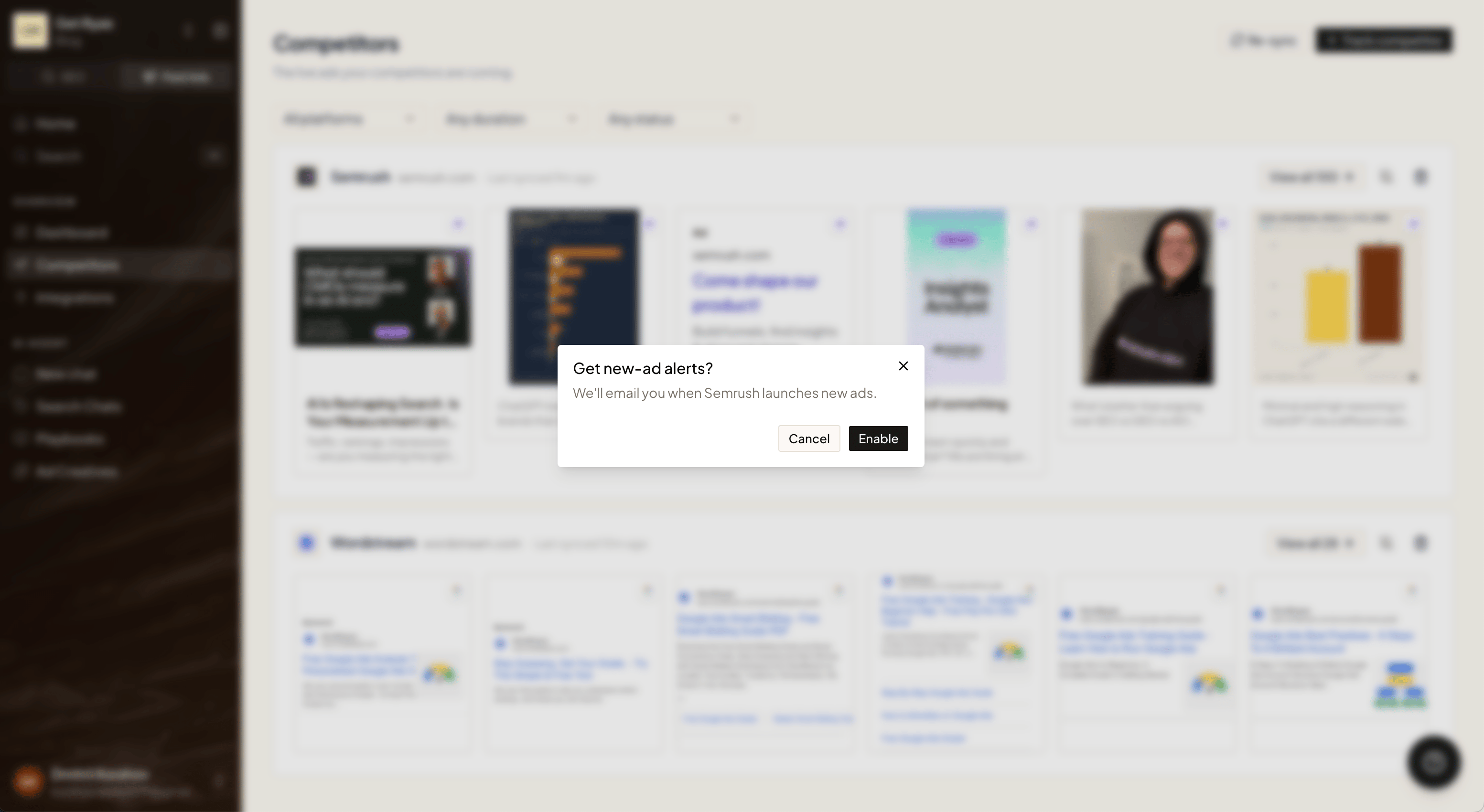 Enabling new-ad email alerts for a competitor
