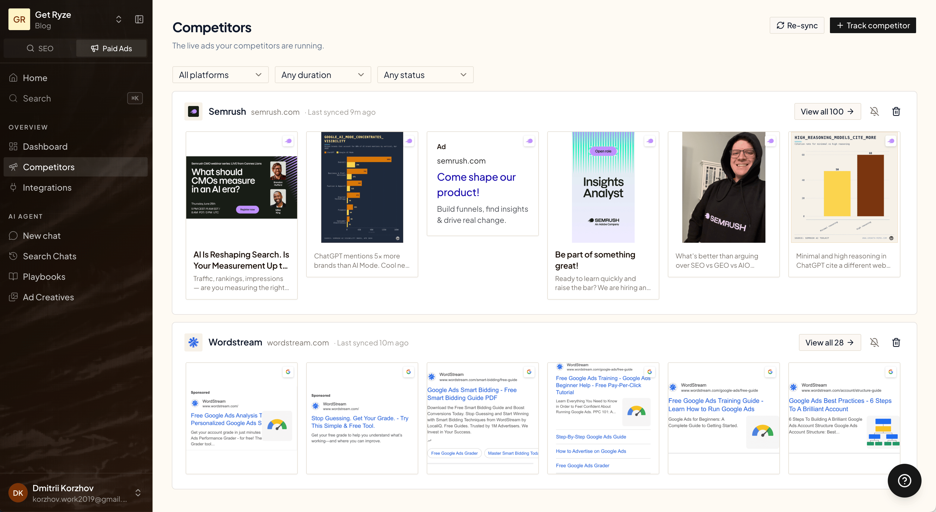 The Competitors page with live ads from tracked brands