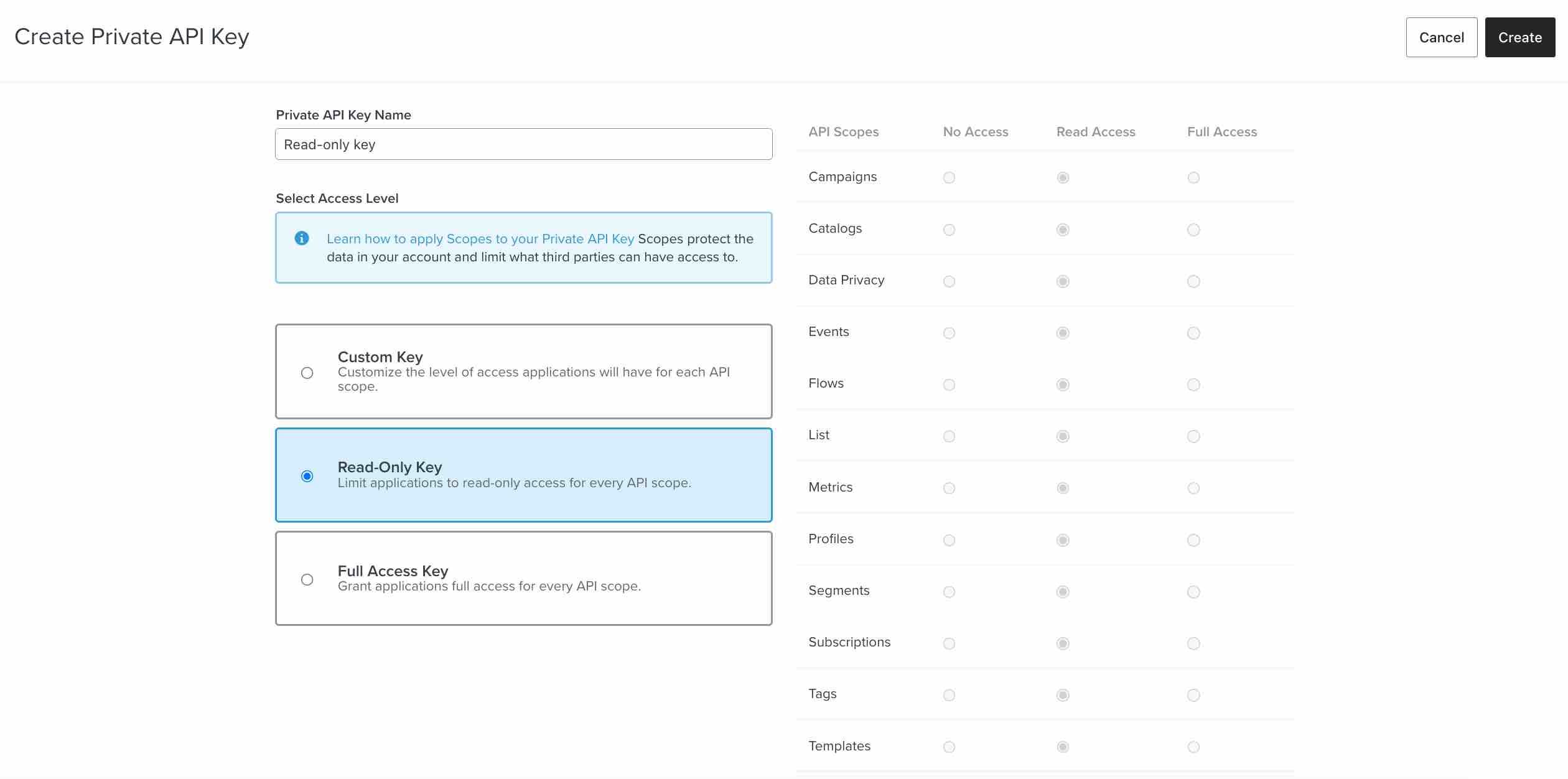 Selecting the Read-only access level for the API key