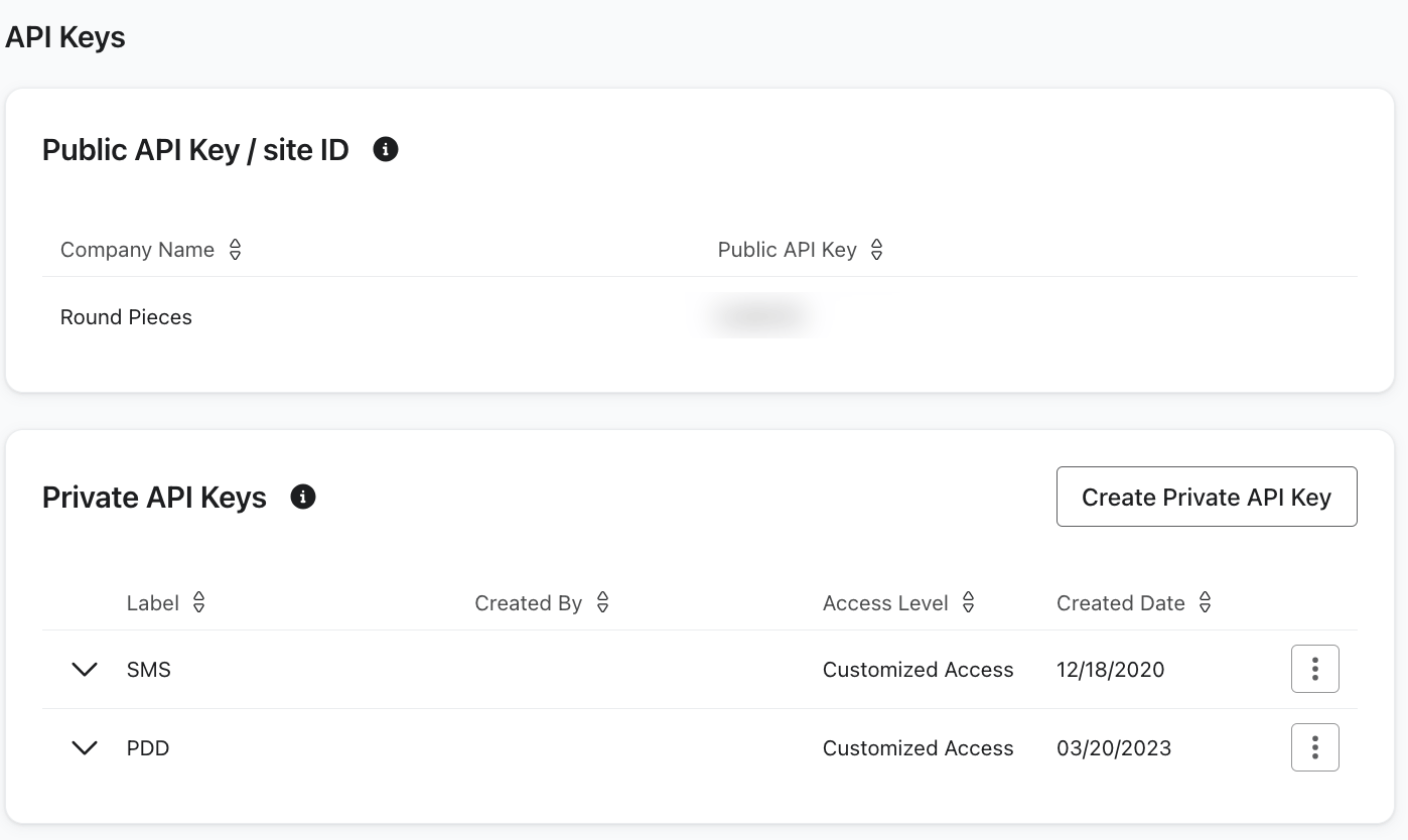 The API keys page in Klaviyo settings