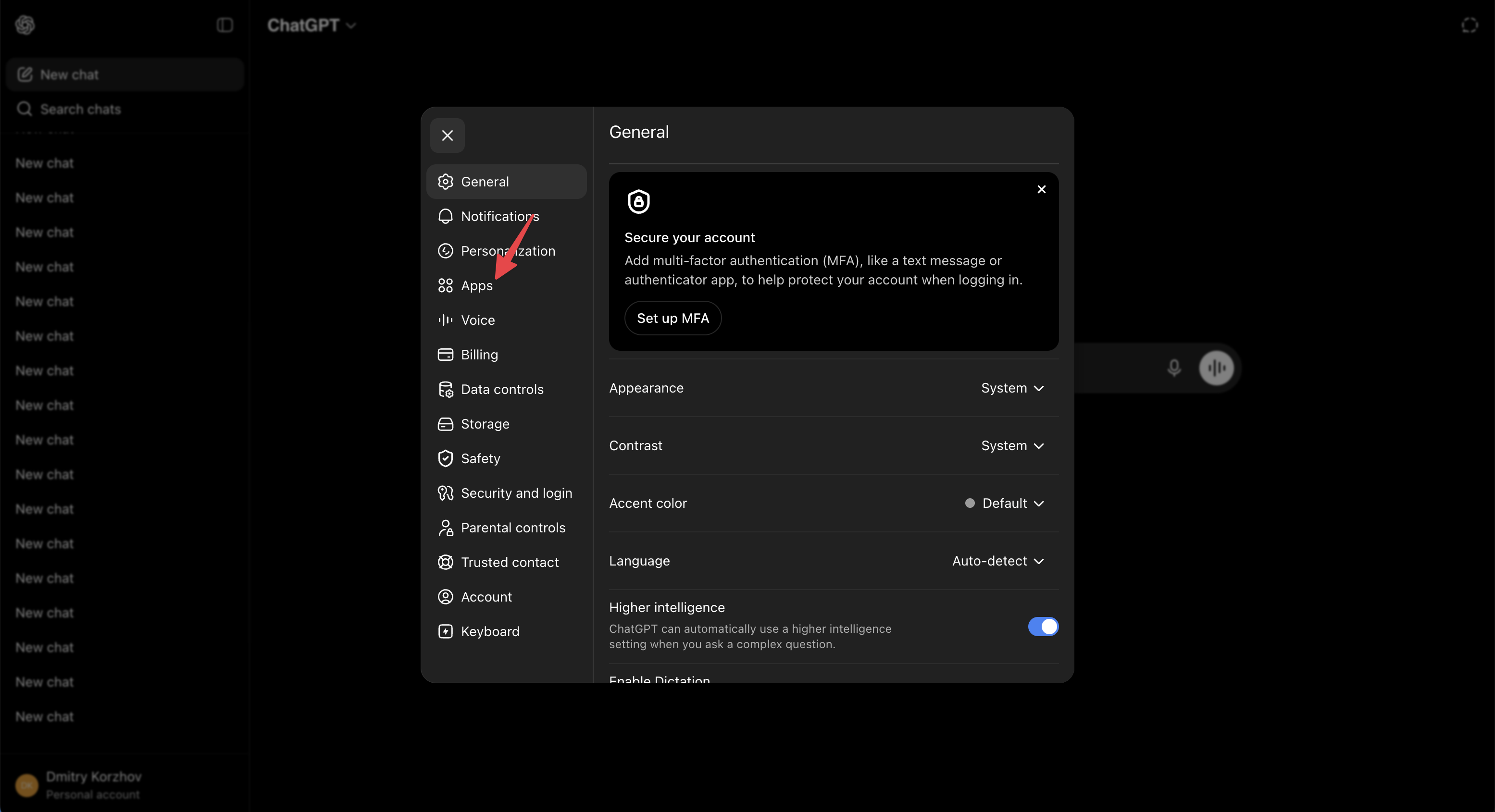 Open the Apps tab in ChatGPT settings