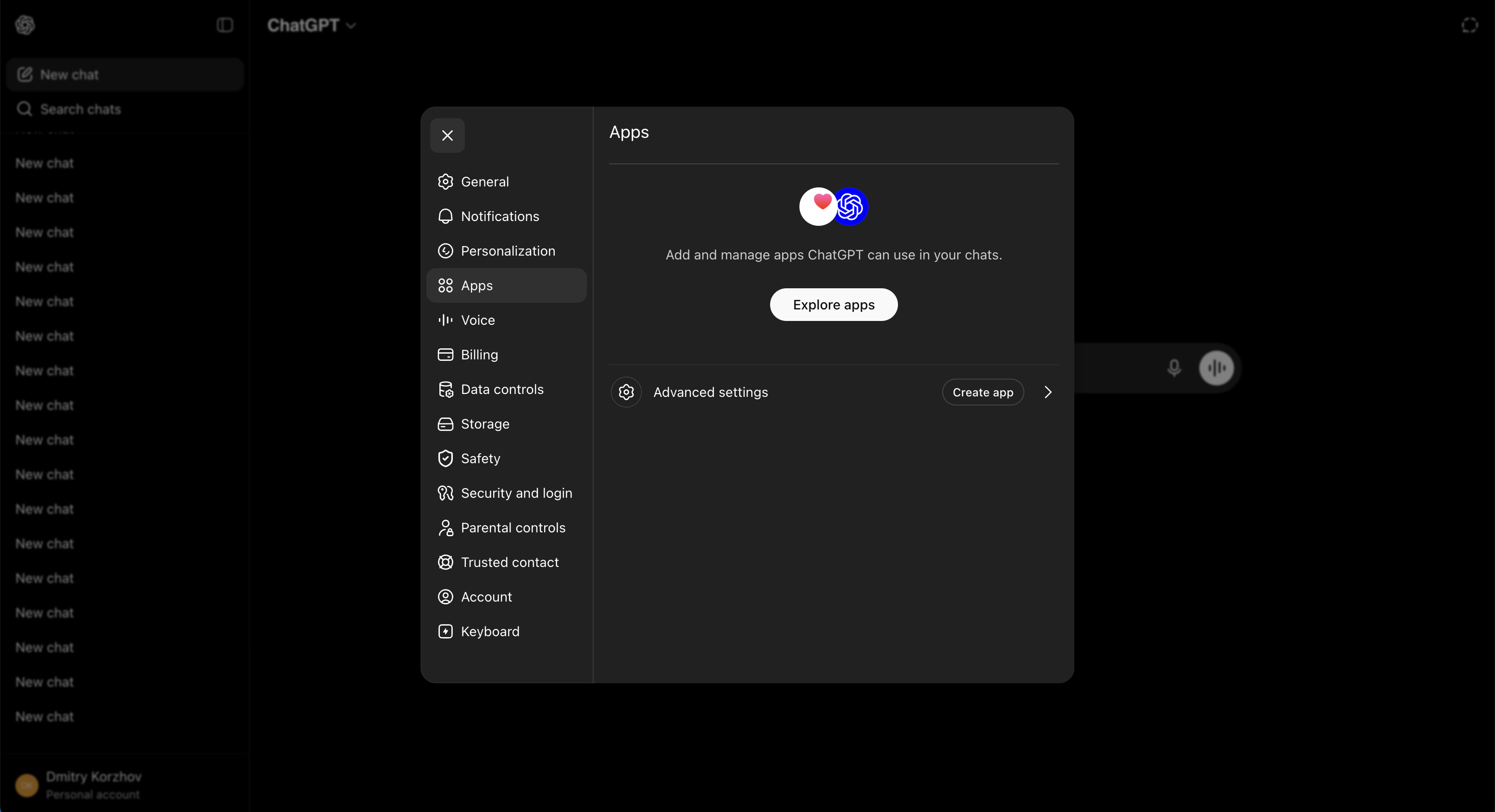 The Apps page with Advanced settings