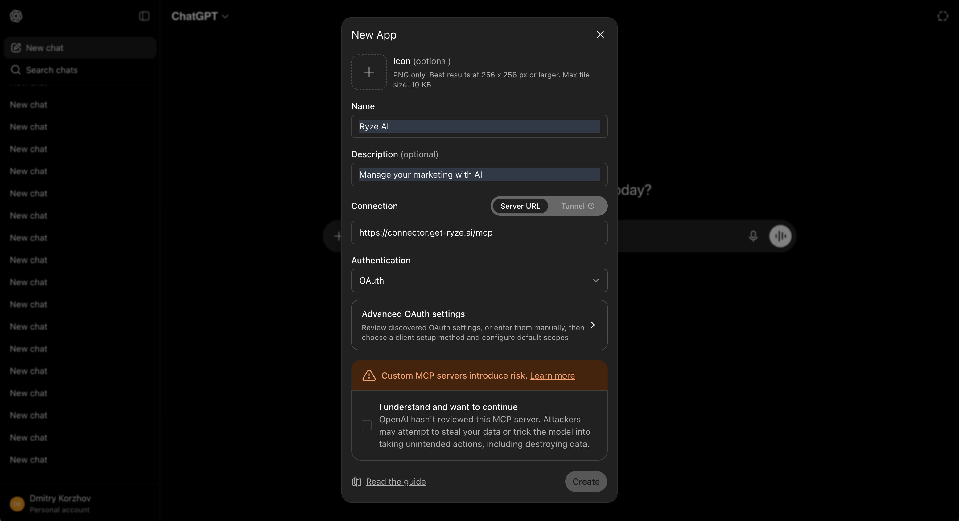 The New App form filled in