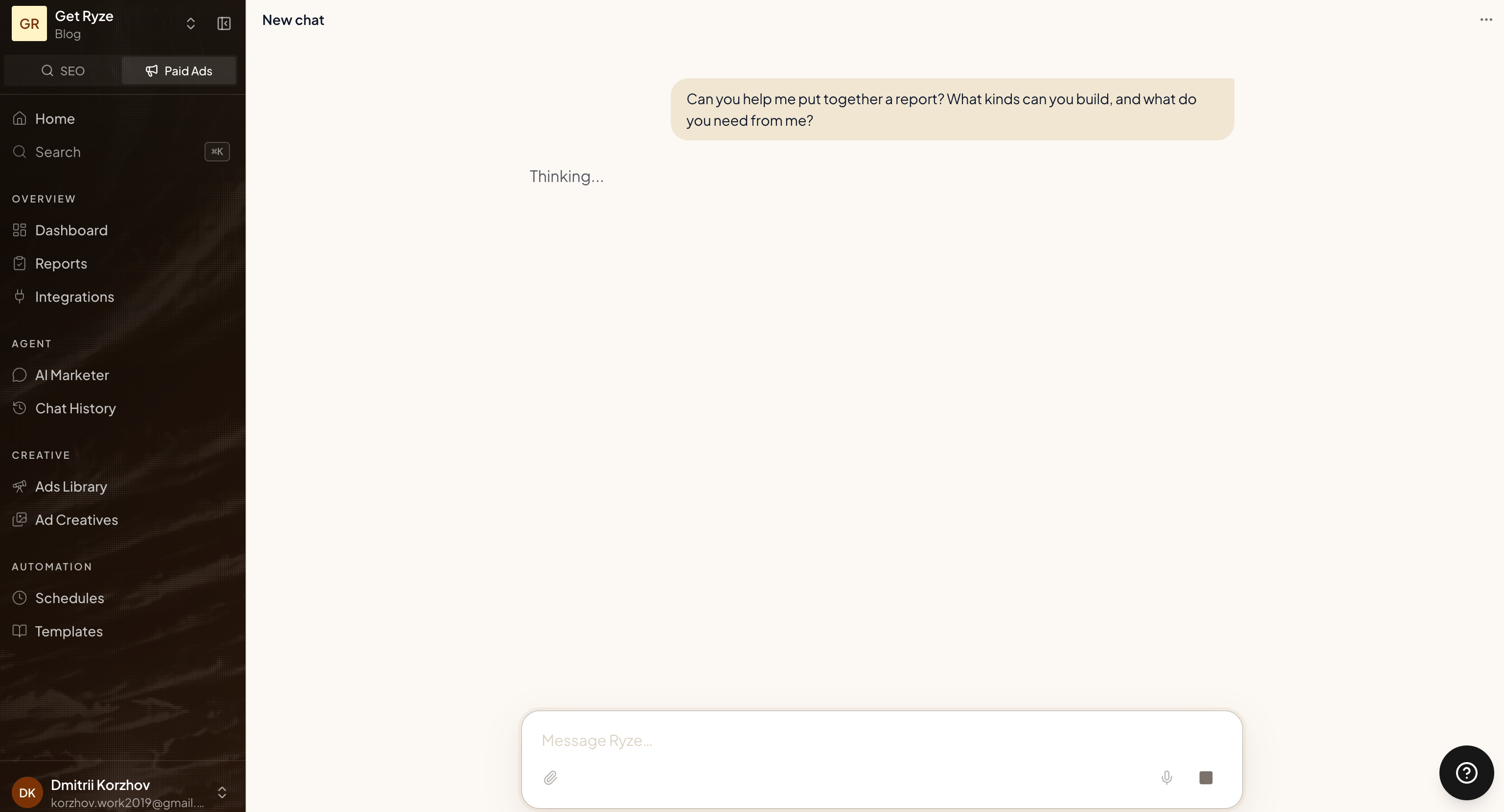 Starting a report by chatting with the AI marketer