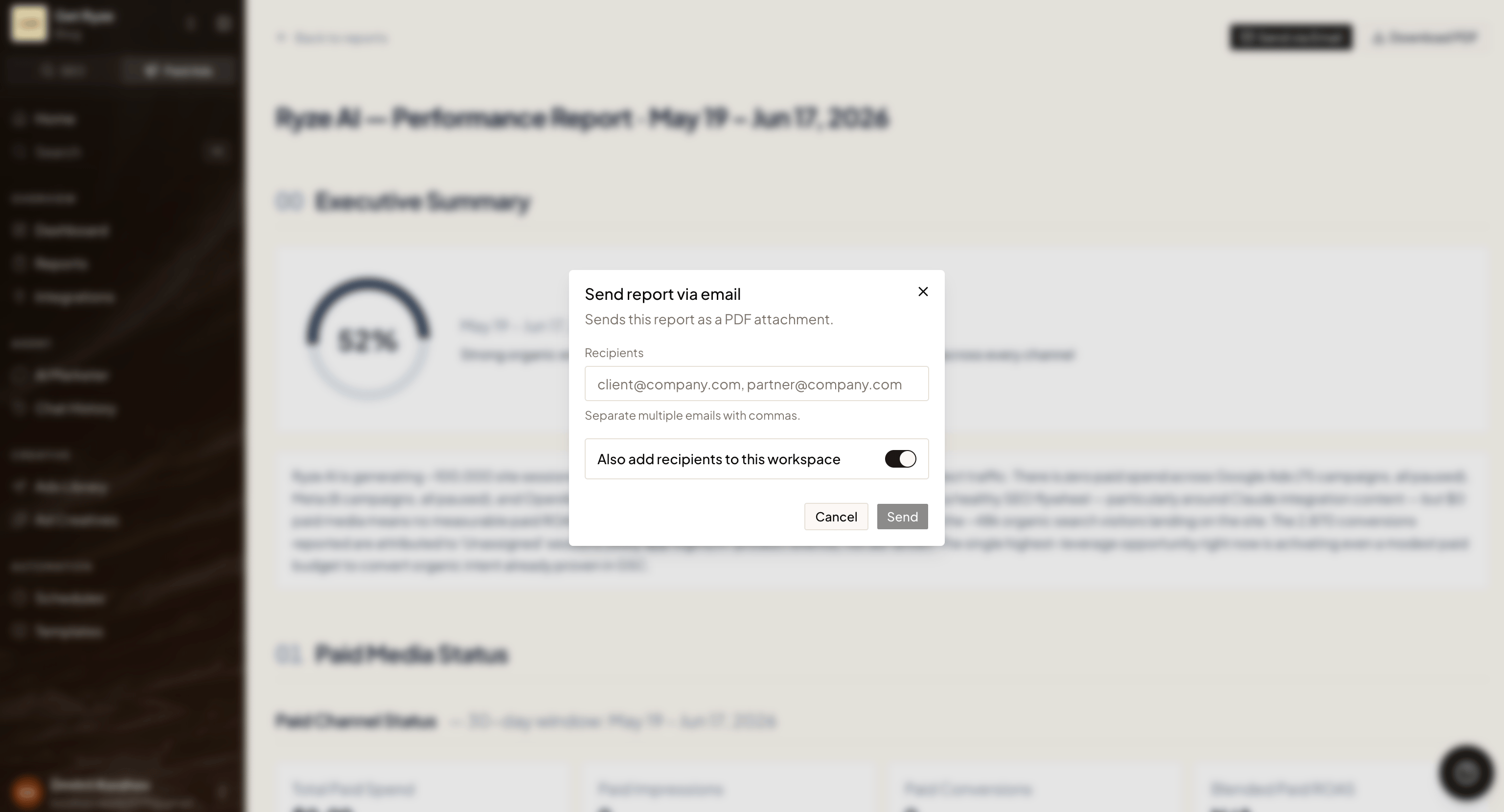 The Send report via email dialog with recipients and the add-to-workspace switch